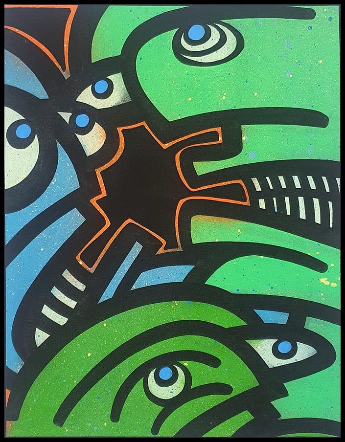 Galo, Artist, Wakuz, Green, Faces, Blue, Turner Art Perspective, Essex Chelmsford Art Gallery