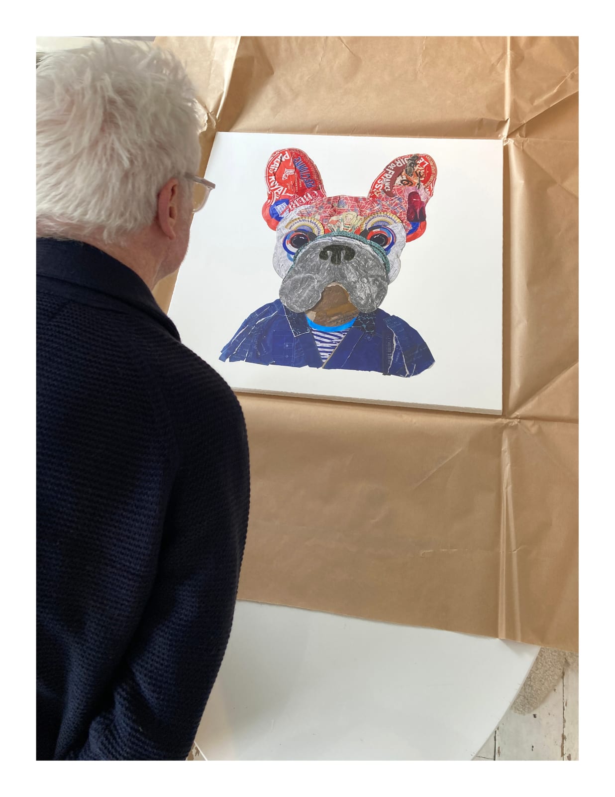 Mon Cheri grey French bulldog in striped top and navy blue jacket collaged print by peter clark at turner art perspective and tap galleries