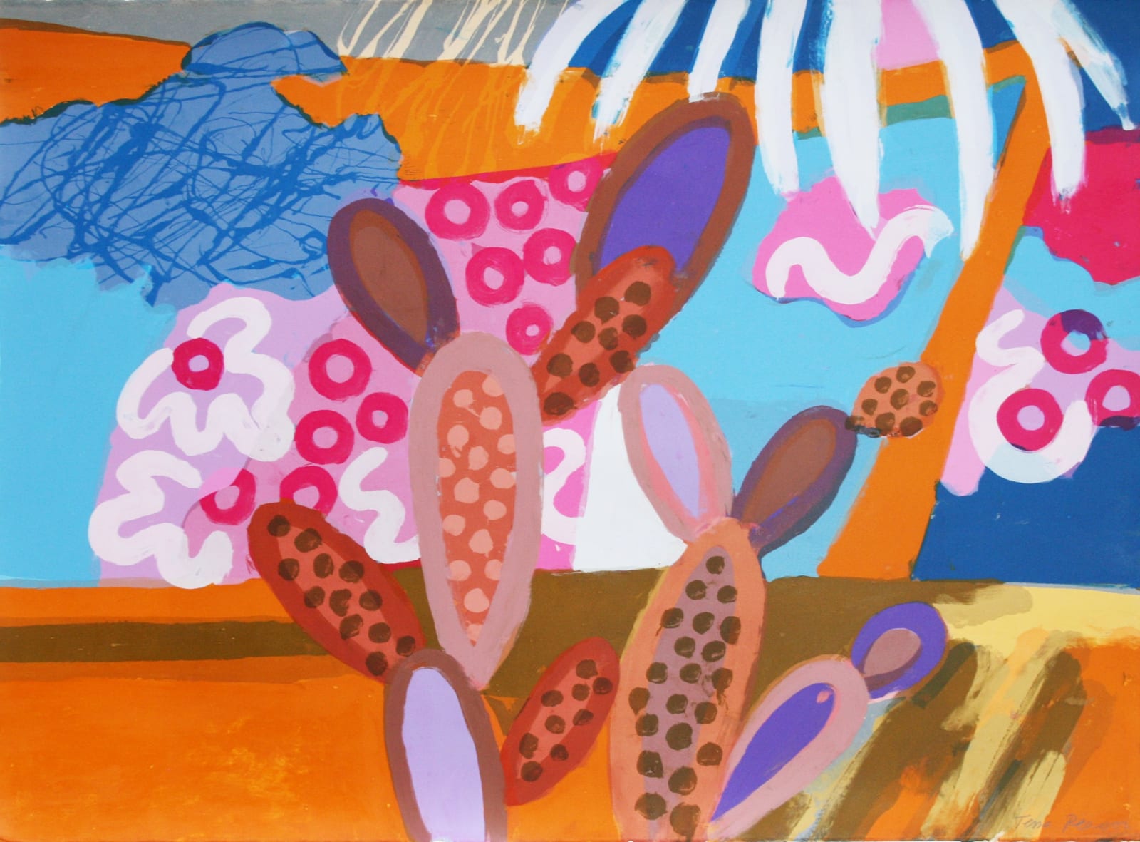 Orange blue background cactus brown spots pink circles in background