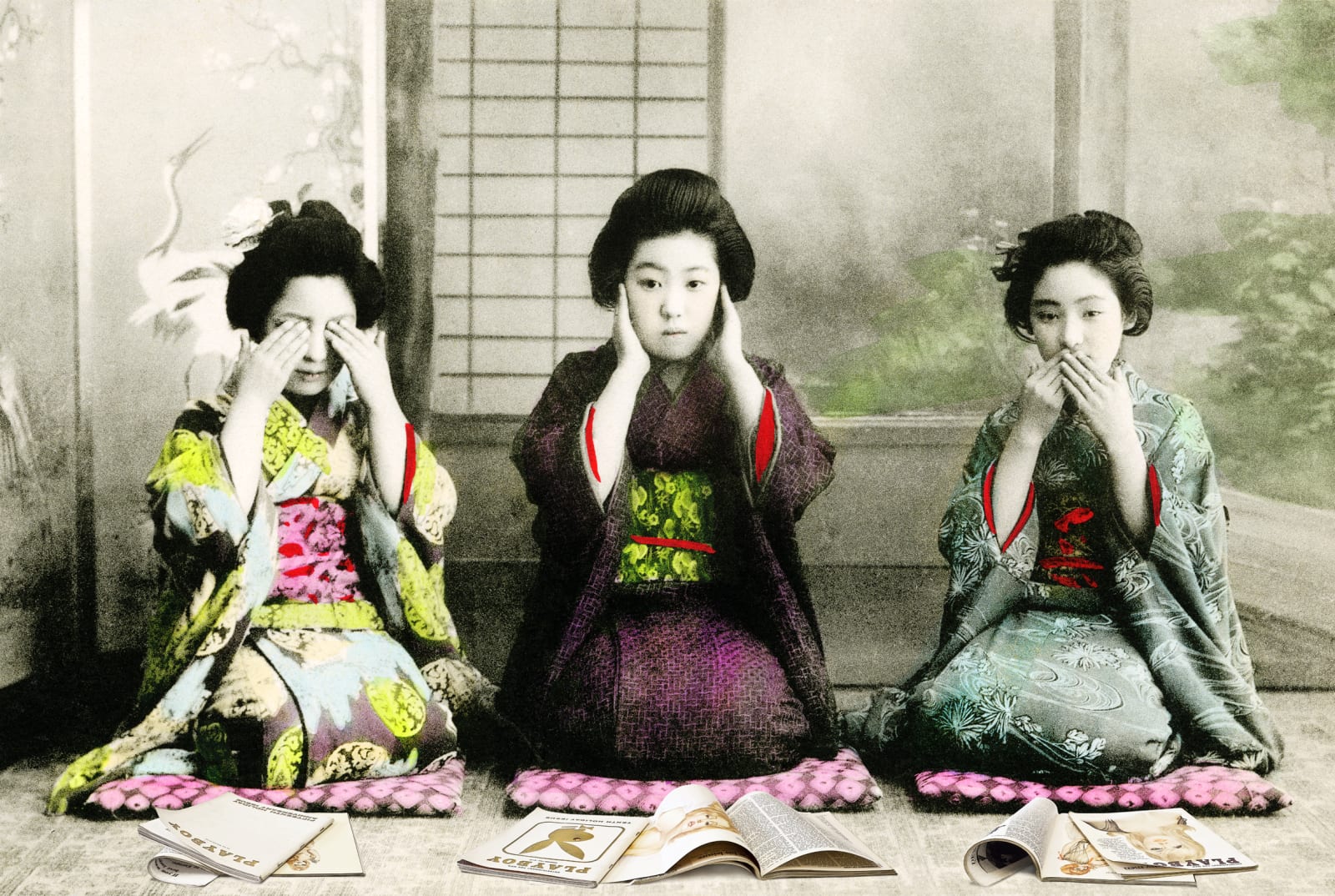 Geisha Girls See No Hear No Speak No evil with Playboy magazines