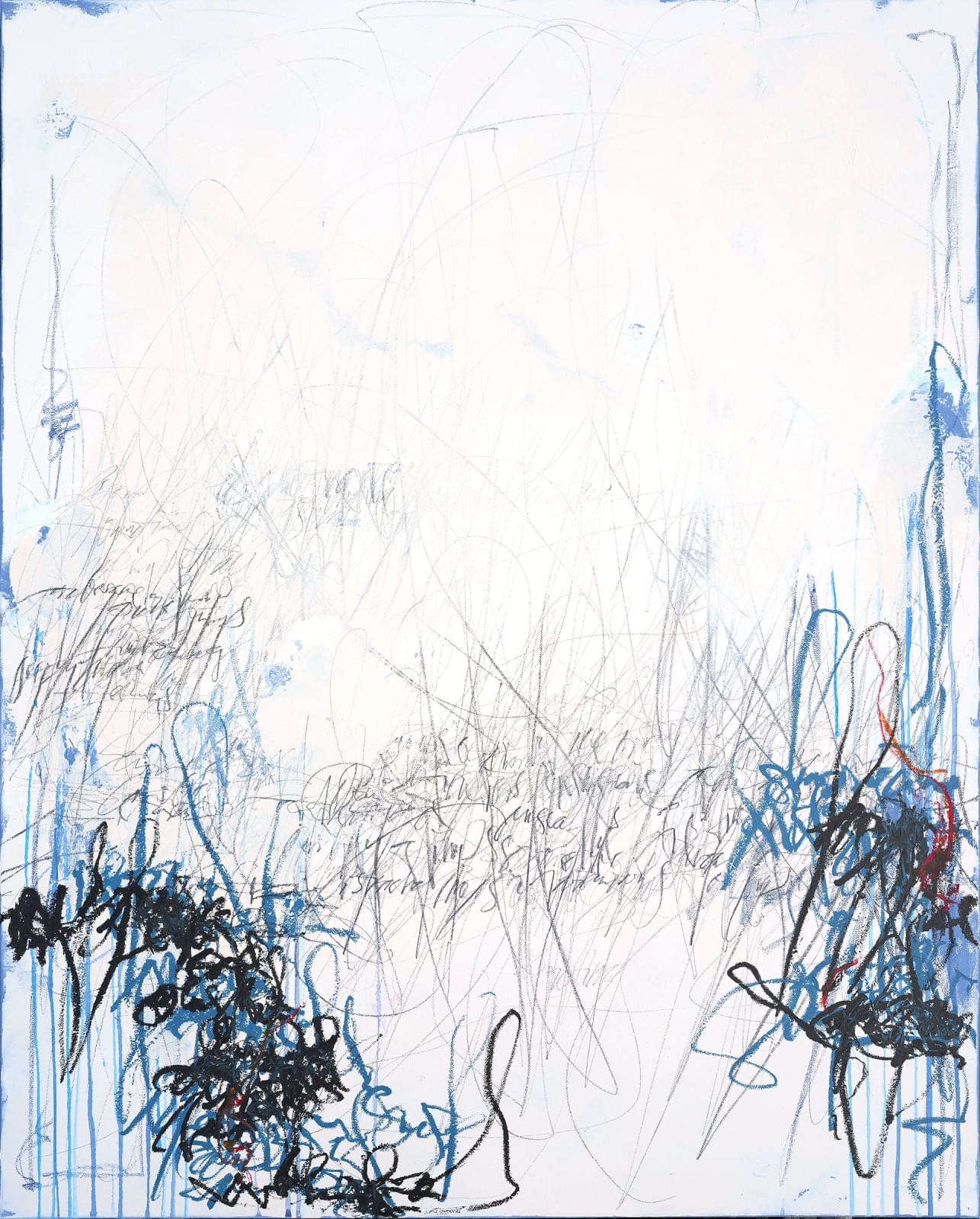 Abstract painting on canvas by artist, Anika De Souza, it has blue and black gesturural marks and calligraphy. Turner Art Perspective, Essex Gallery