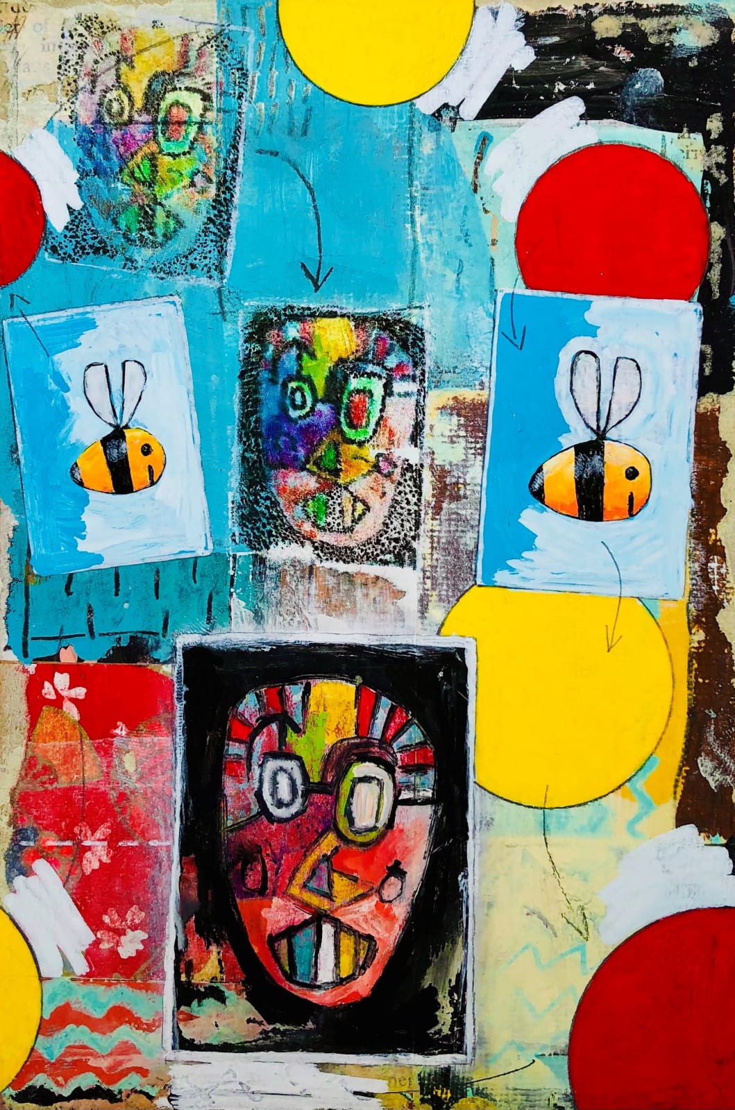Simon Kirk collage colourful circles, scarecrows & bees