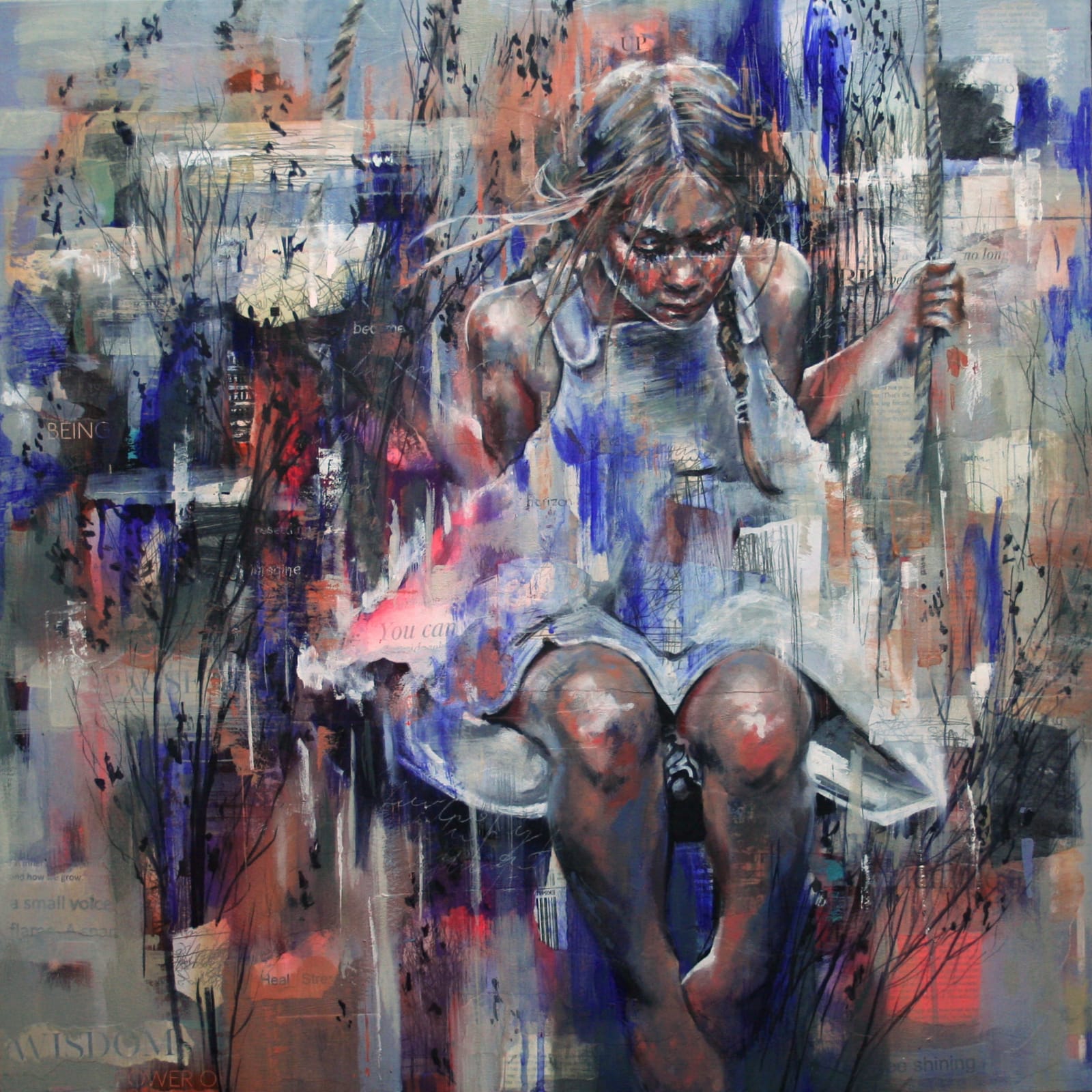 Figurative portrait painting on canvas of sitting down little girl