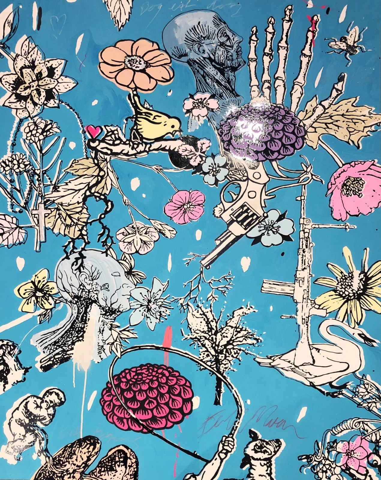 Dan Baldwin New Moon monoprint, blue floral, birds and skeleton imagery on paper