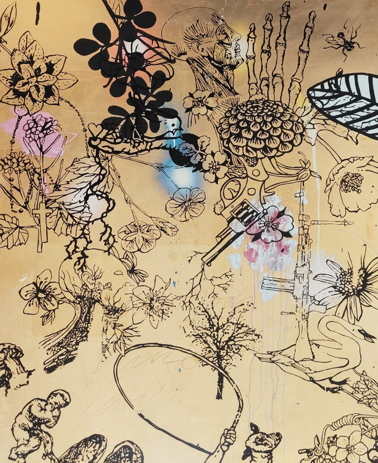 Dan Baldwin New Moon monoprint, gold floral, birds and skeleton imagery on paper