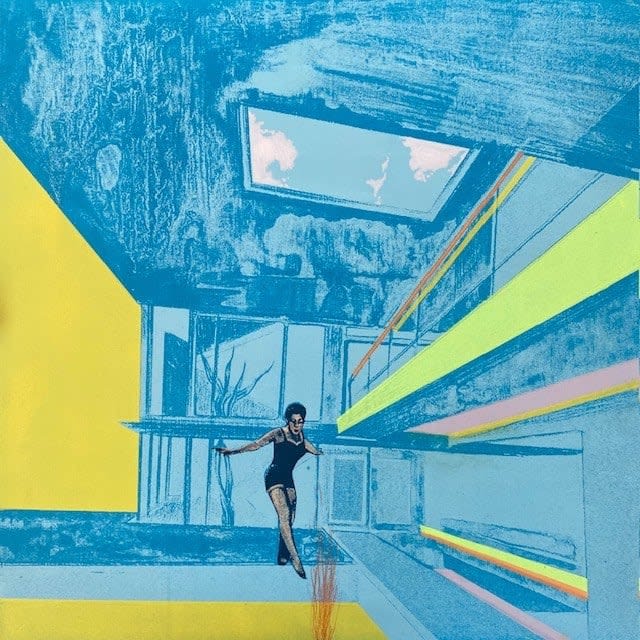 Anna Marrow, Artist, A Cloudy Modernist Morning, Mixed Media Painting on Birch Ply, Yellow, Blue, Turner Art Perspective