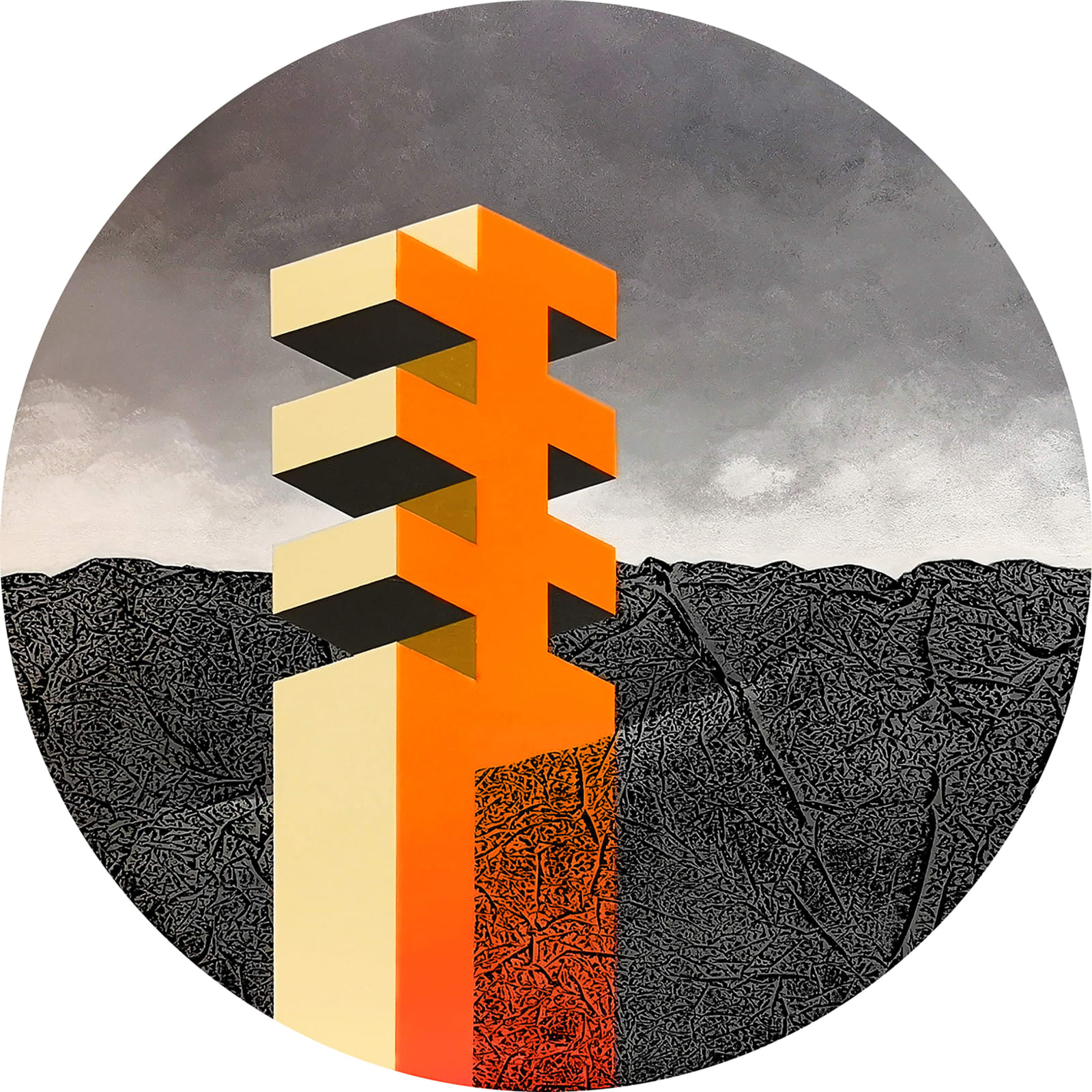 Orange, gold, & black abstract, geometric, landscape imagery painted on board