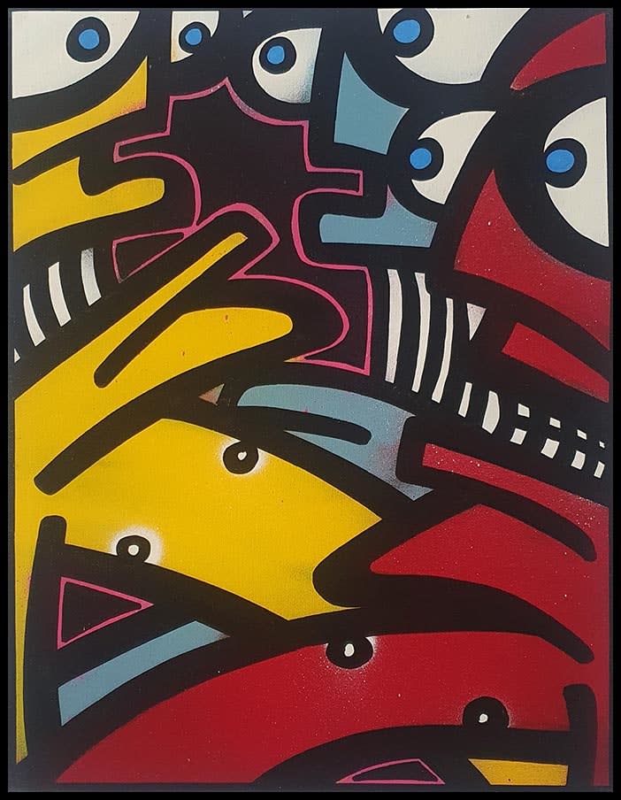 Galo, Artist, Nuke, Original painting on board, Street Art, Red, Yellow, Blue, Faces, Turner Art Perspective, Essex Chelmsford Art Gallery