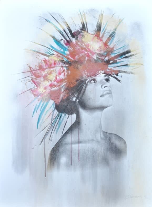 Female drawn in charcoal with hand finished head piece