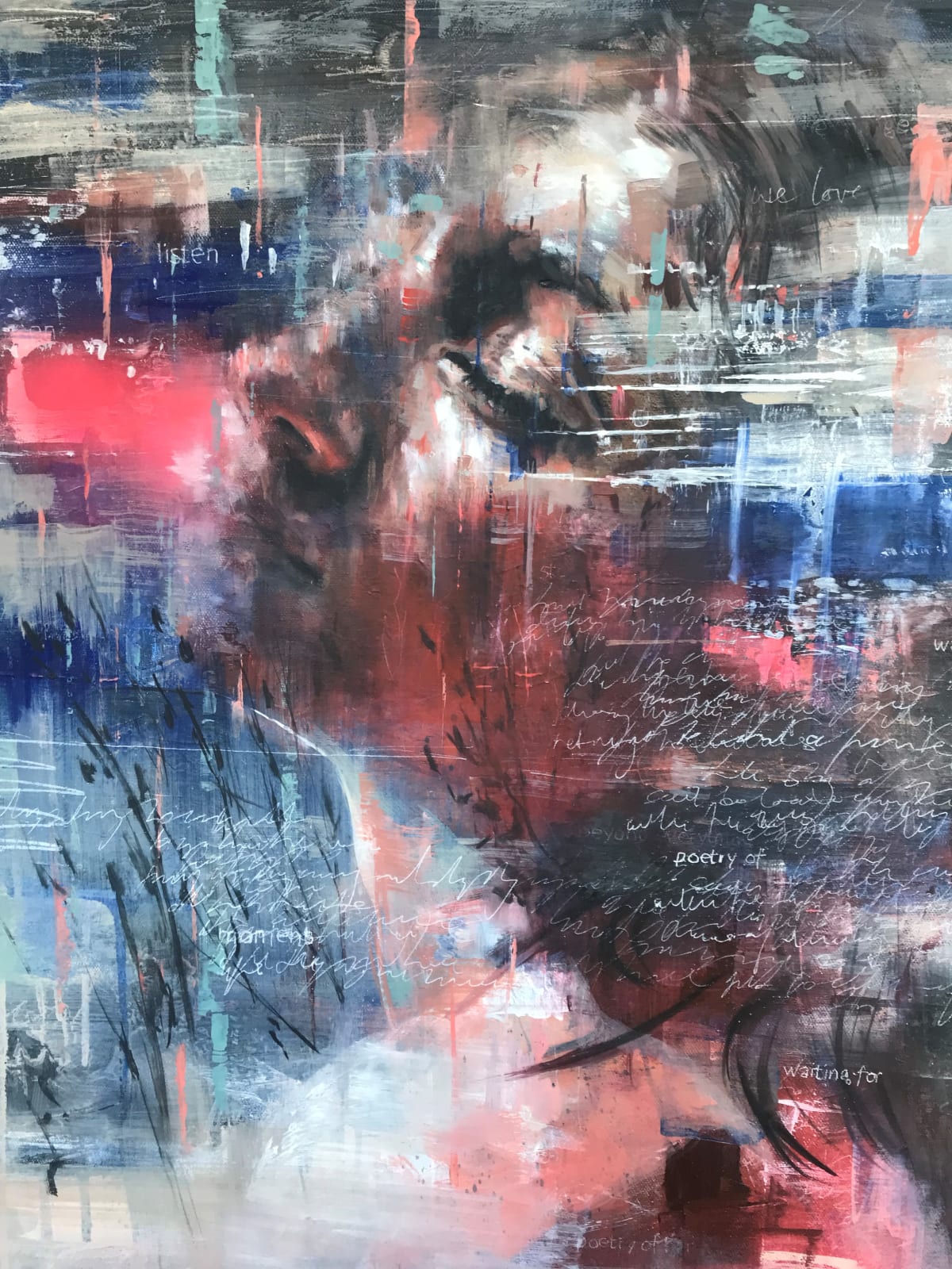 Painting of girl's head on canvas blue pink white colours