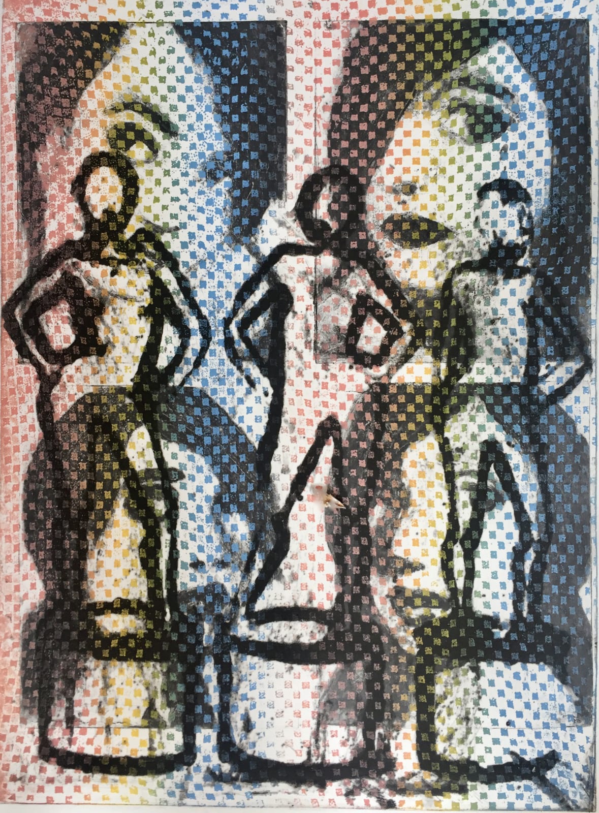 Corinna Button hand painted print of girls with colour patterned background