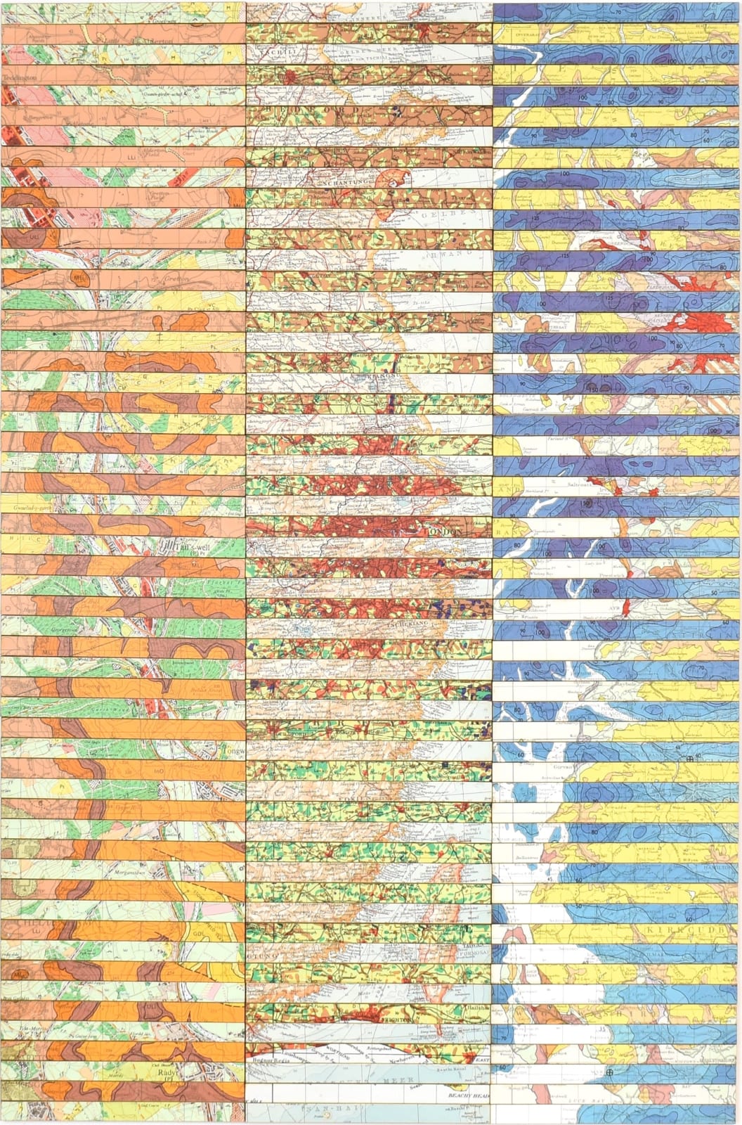 A collage of horizontal strips cut from vintage geological and topographical maps, arranged in three vertical panels. Each panel features distinct colour schemes and map styles, creating a layered, abstract interpretation of landscape and terrain.