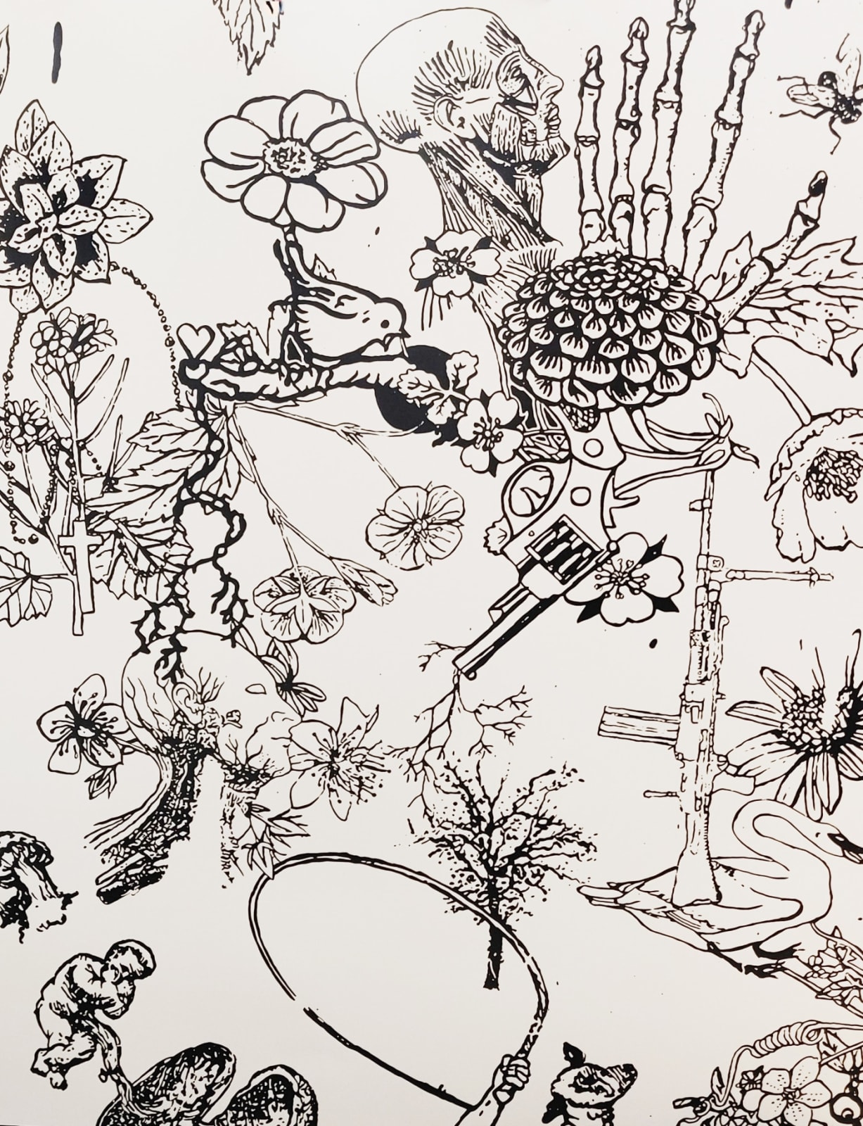 Dan Baldwin New Moon monoprint, silver floral, birds and skeleton imagery on paper