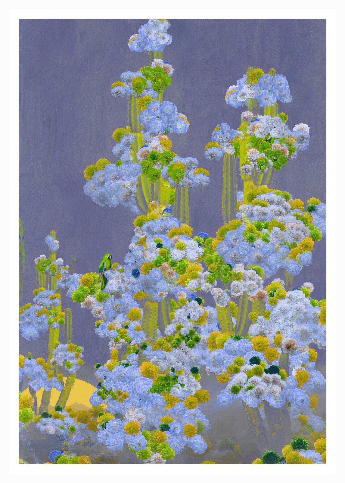 Stylised photograph by artist Nadia Attura depicting lilac background with cactus tree and purple blossom. Turner Art Perspective. Essex Gallery