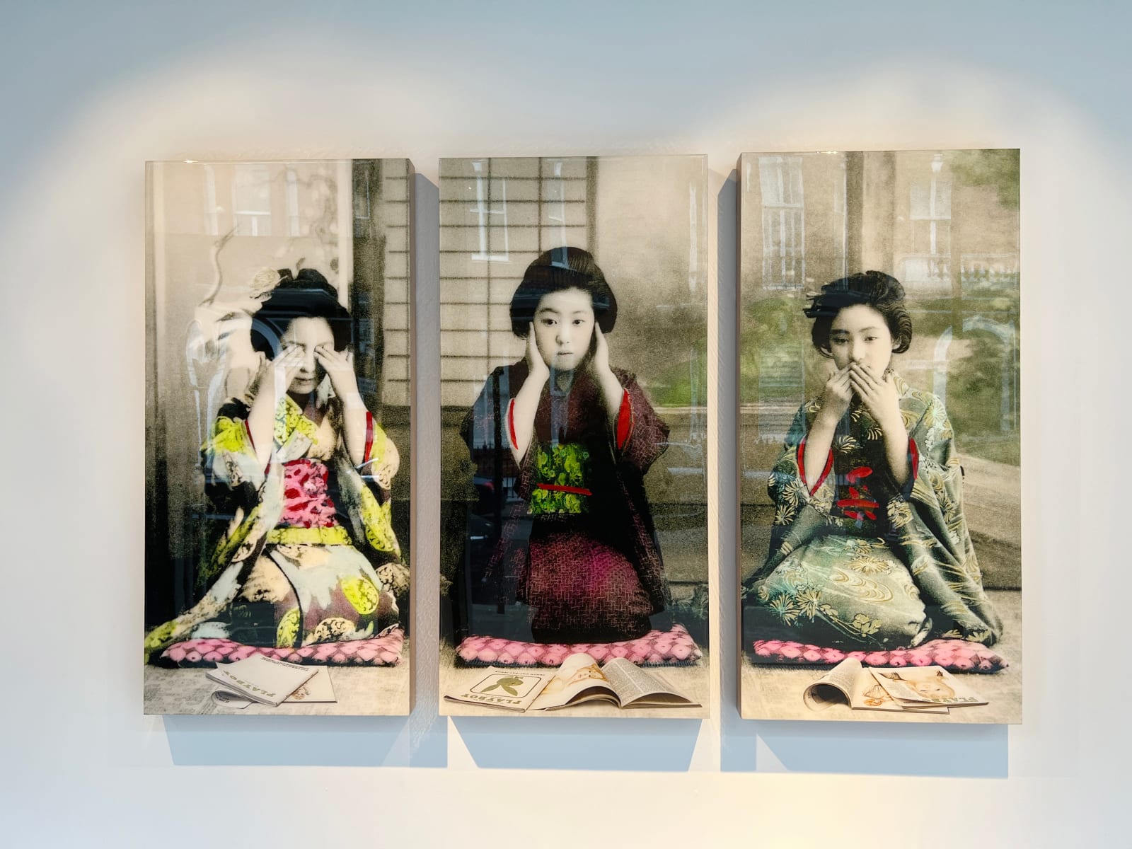 Gavin mitchell, artist, hear no speak no see no , panels, geisha girls, pop art, turner art perspective gallery essex