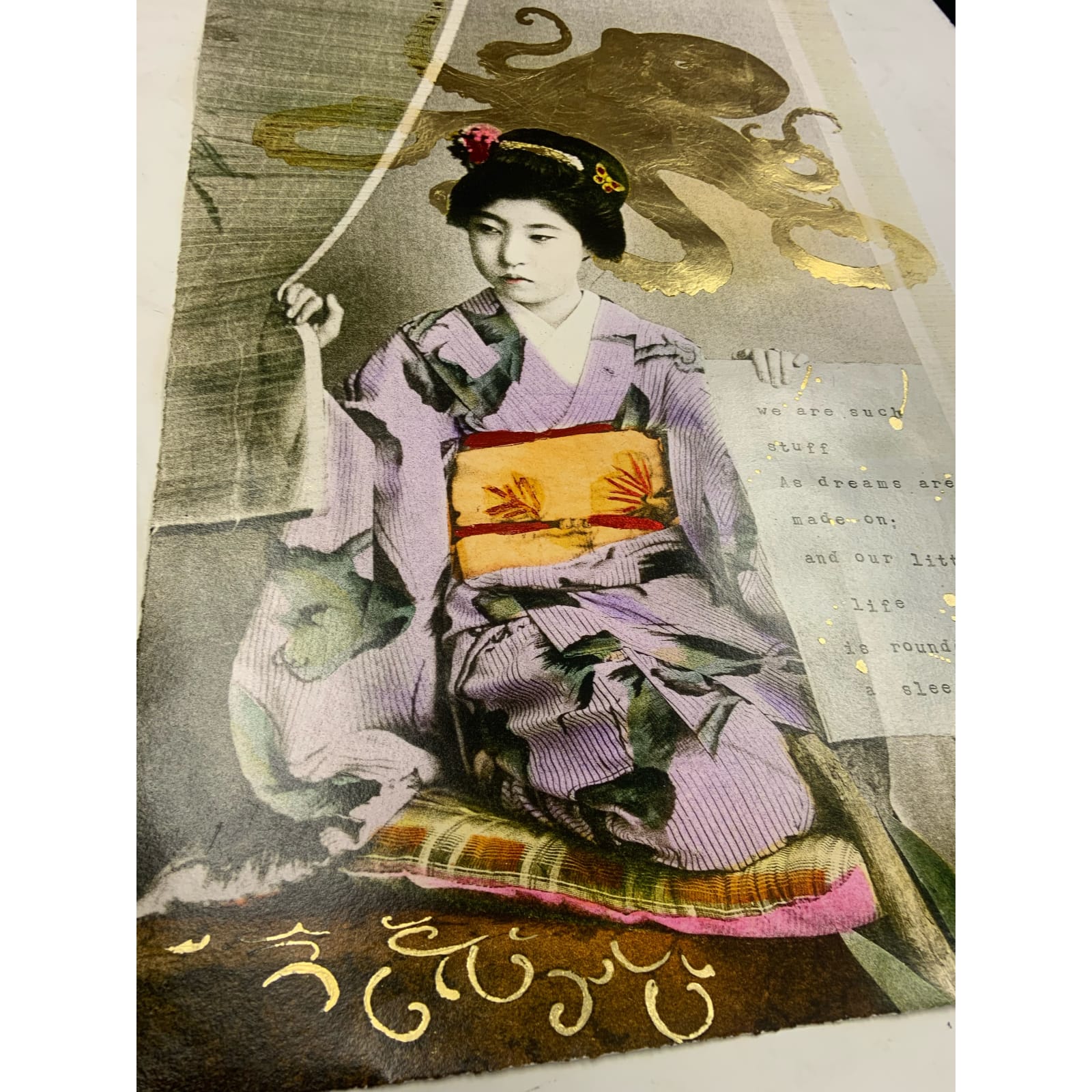 Hand finished gold leaf Geisha girl holding letter