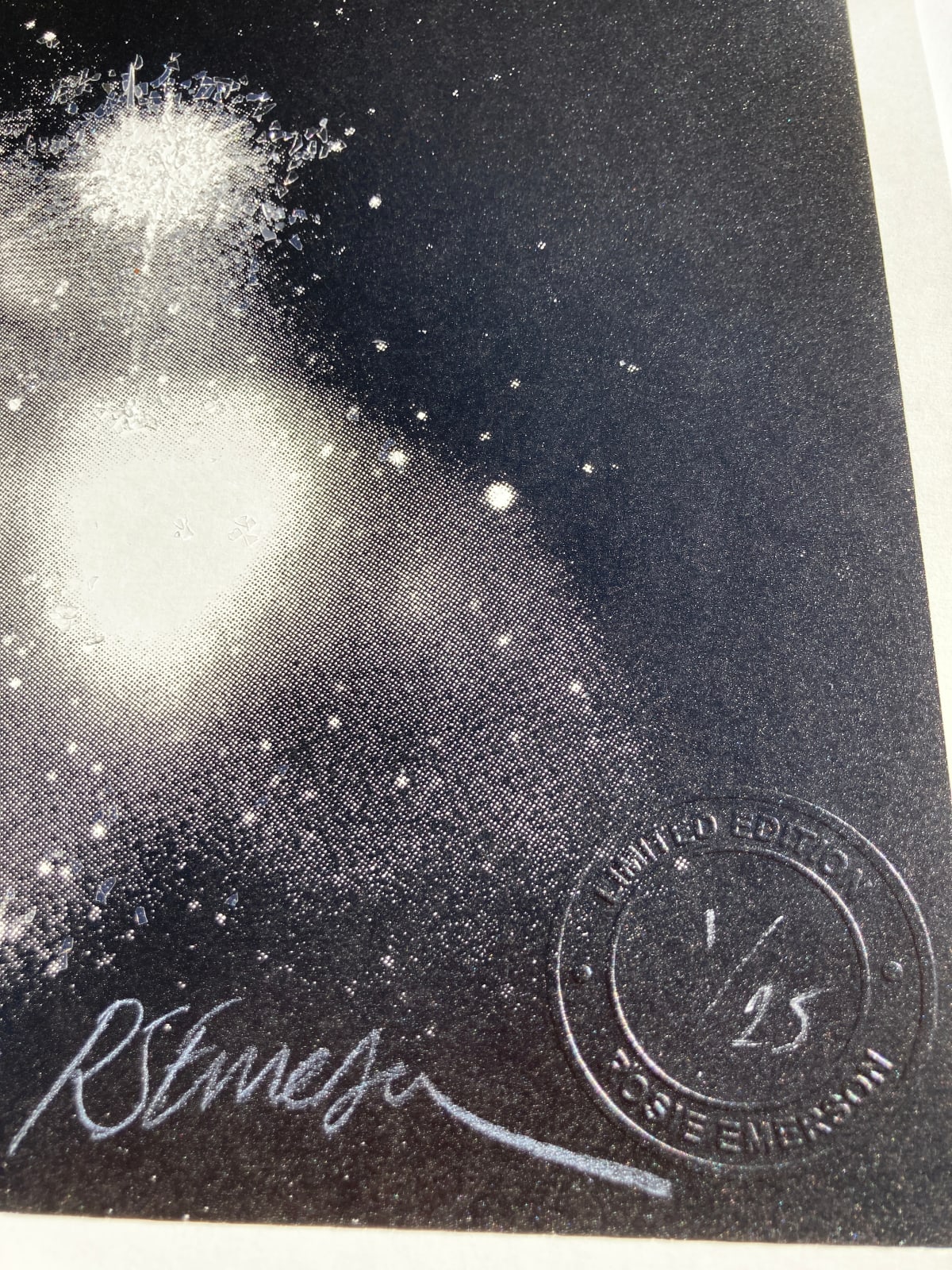 Rosie Emerson British artist creating black and white print of singer using diamond dust