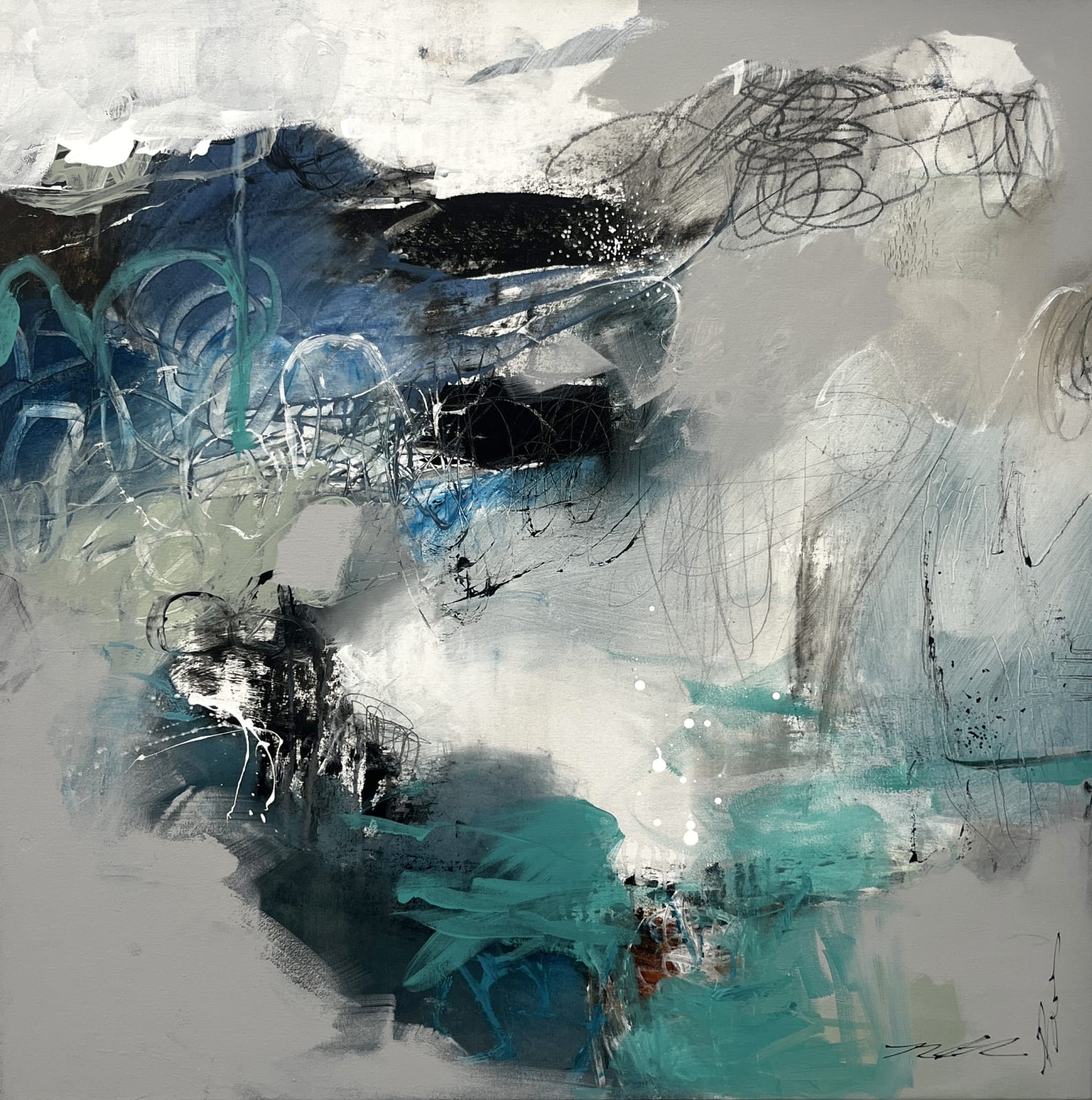 Original Abstract painting on canvas by south african artist Natasha Barnes titled Essaouira I depicting an abstract array of grey blue colours. Turner Art Perspective, Essex Gallery.