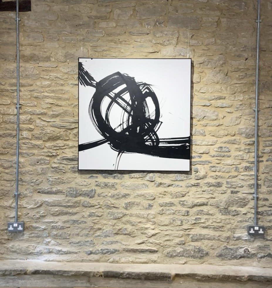 Indian Ink on paper by Abstract artist Rod McIntosh titled Triskelion, depicting gestural brush strokes in a swirl pattern. Turner Art Perspective Essex Gallery