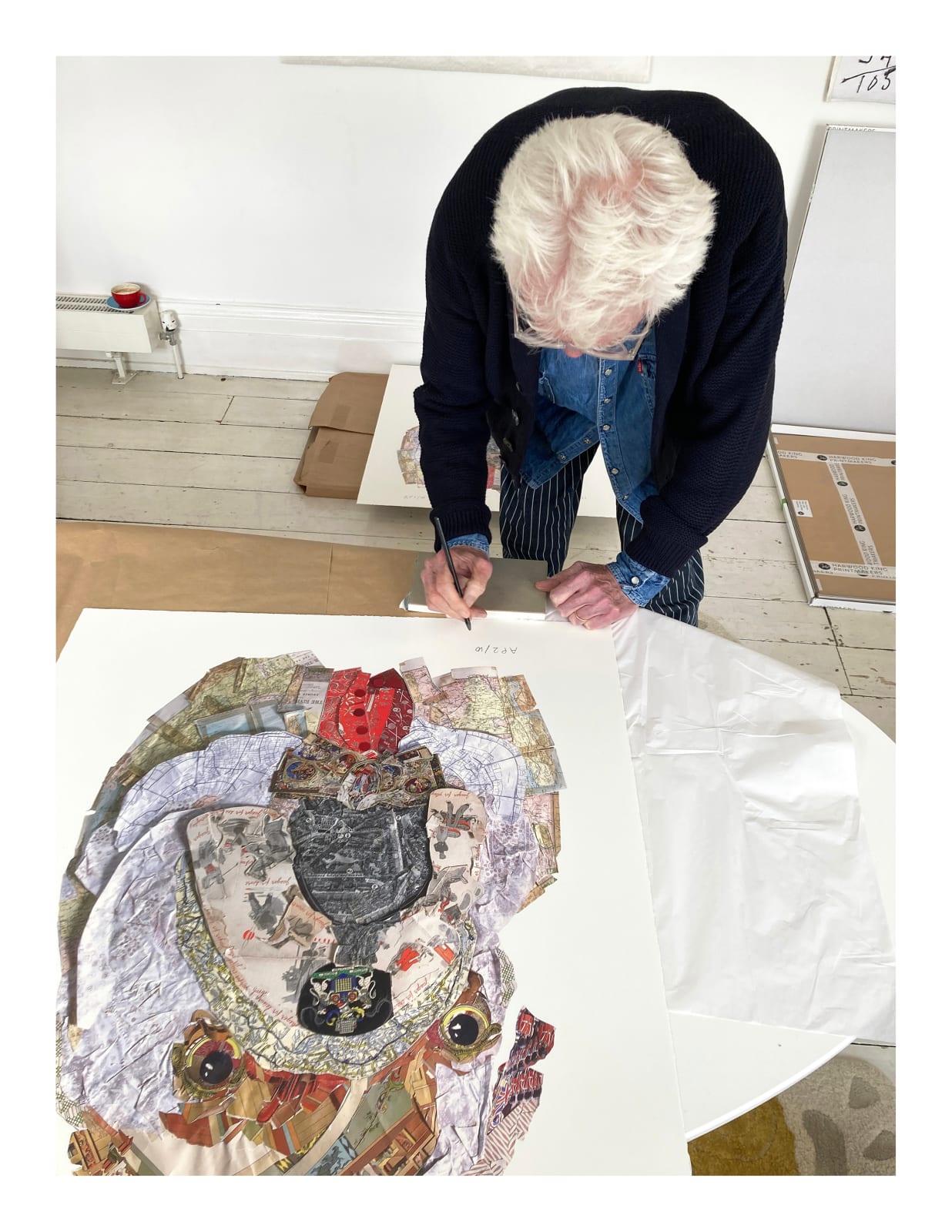 collaged print of brown white English bull dog in red tux at turner art perspective and tap galleries by peter clark
