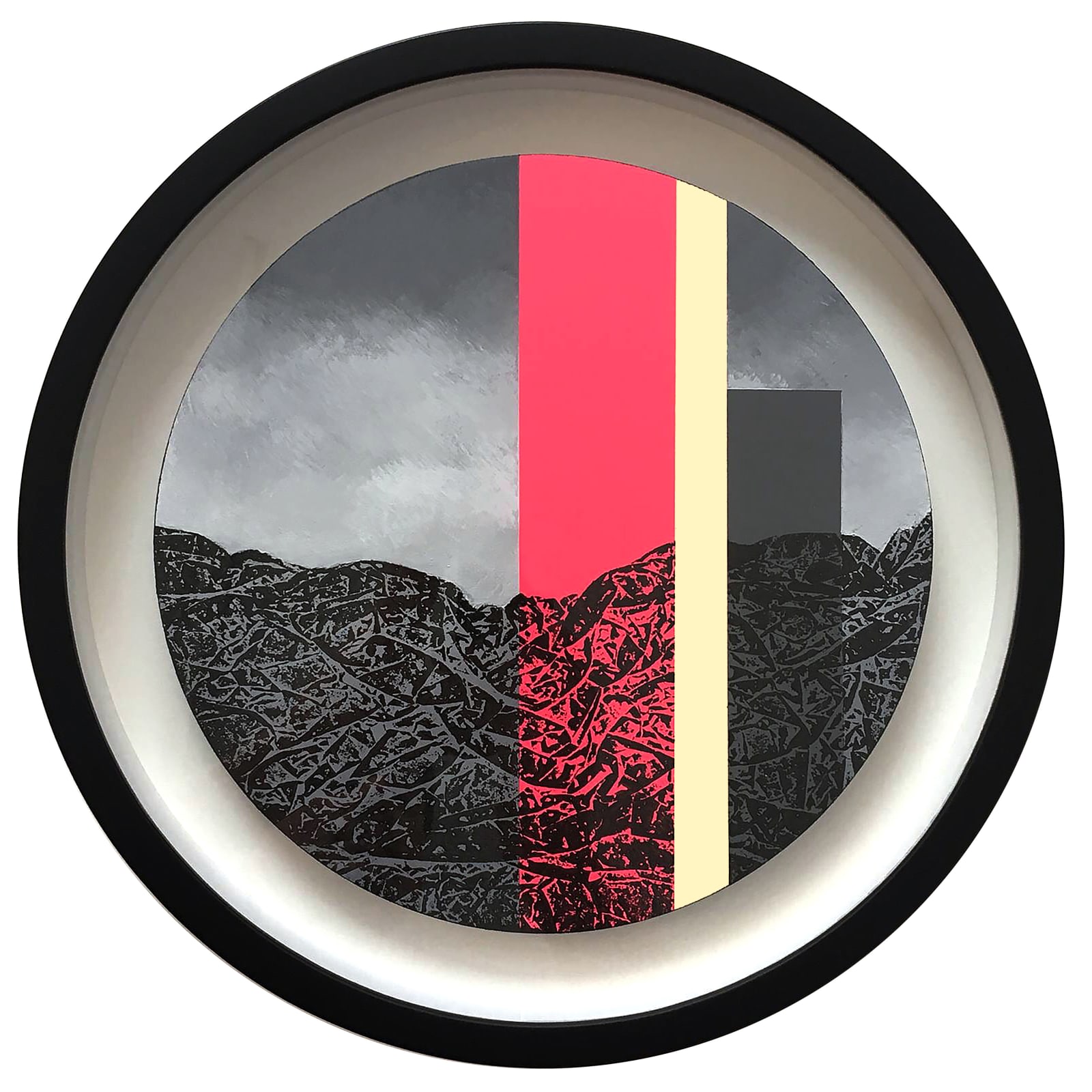 Circular pink and black abstract and landscape imagery on board in frame
