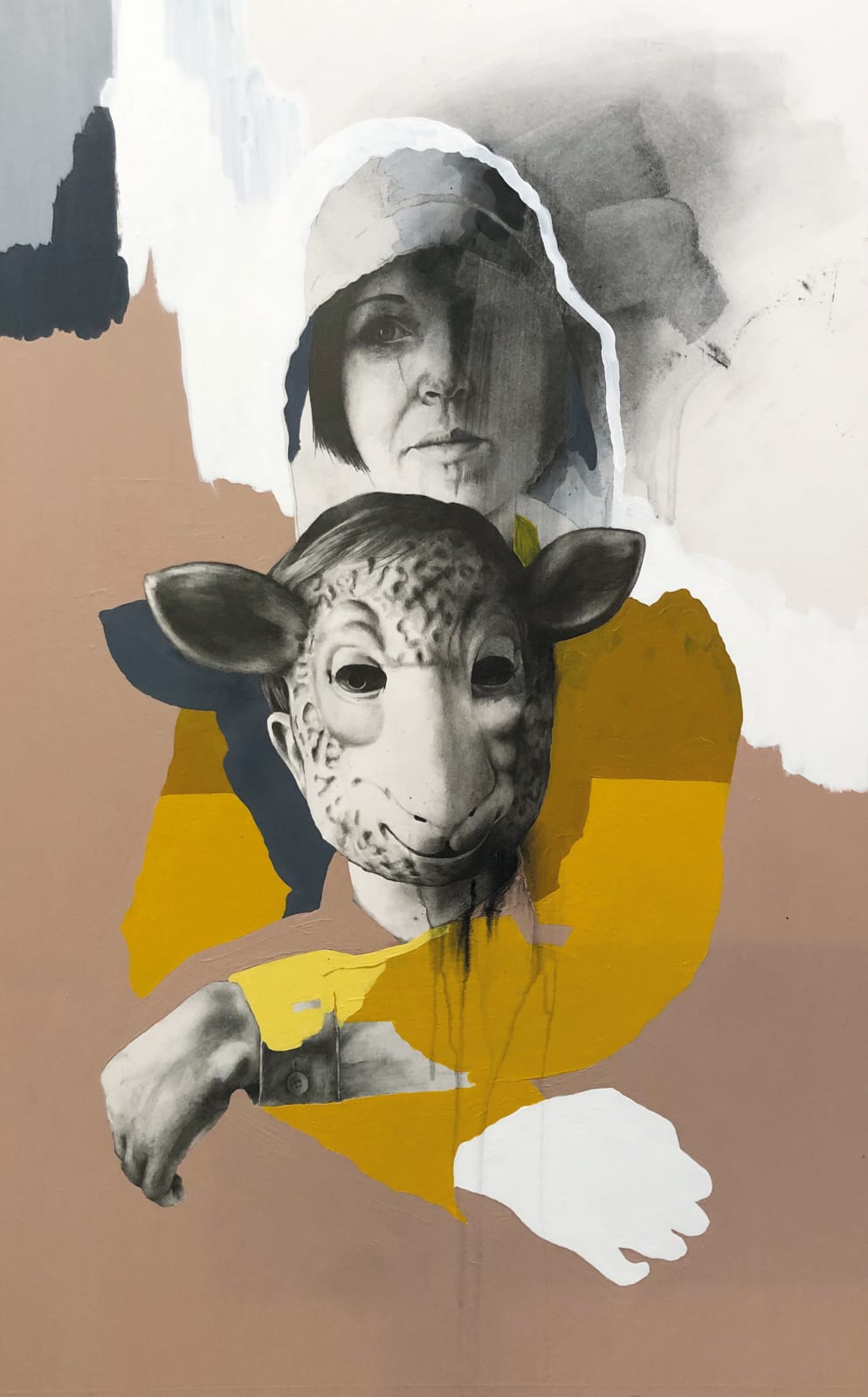 Portrait of woman hugging child with animal mask on