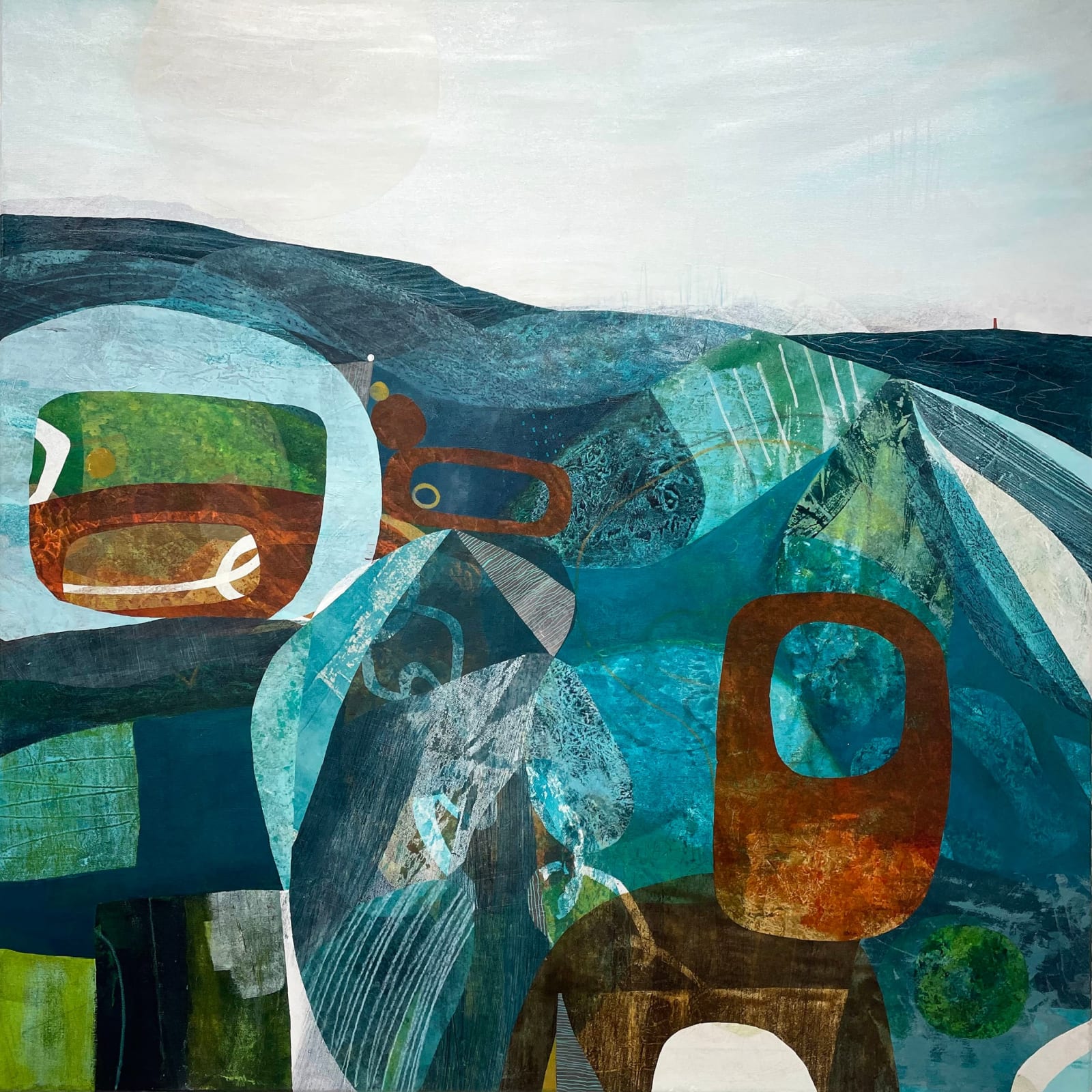 Jane Wilson, Glimpses of the Past, Abstract, on Canvas, Abstract, Blue Art, Green Art, Brown Art