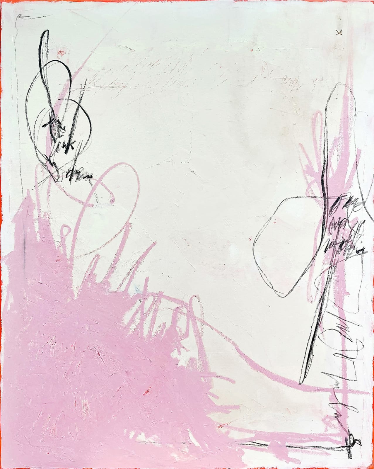 Abstract painting on canvas, by artist anika de souza, it has pink and orange emotive gestural marks and calligraphy. Turner Art Perspective, Essex Gallery