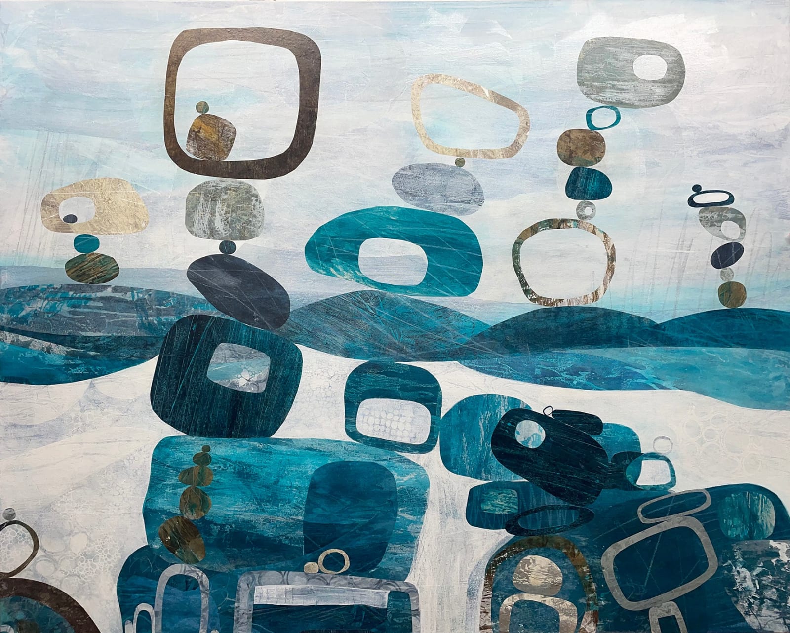 Jane Wilson, Finding a Balance, Pebbles on Beach, Blue and Brown Painting, Abstract, Seascape