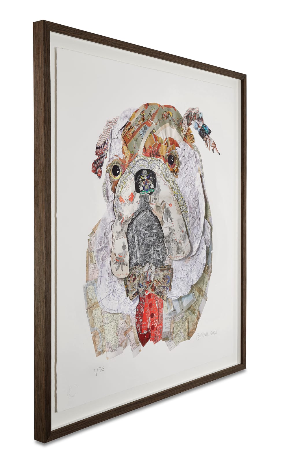 collaged print of brown white English bull dog in red tux at turner art perspective and tap galleries by peter clark