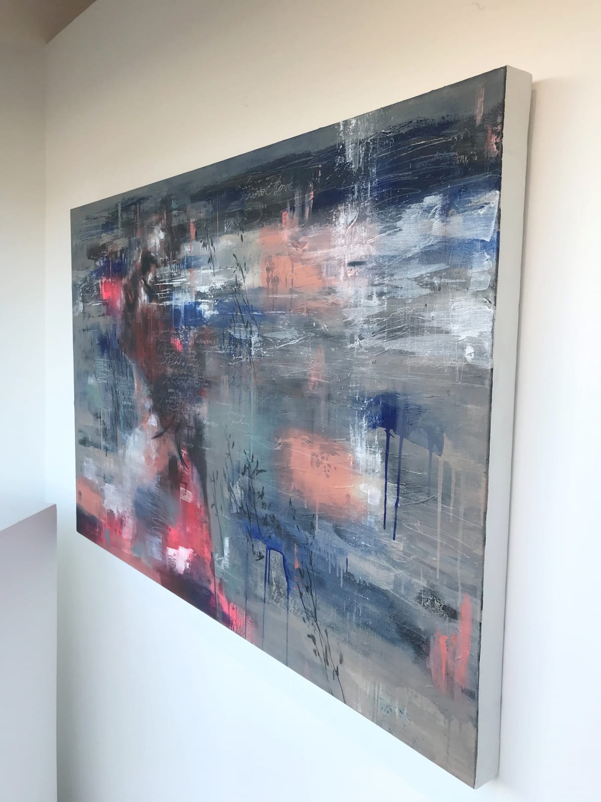Painting of girl's head on canvas blue pink white colours