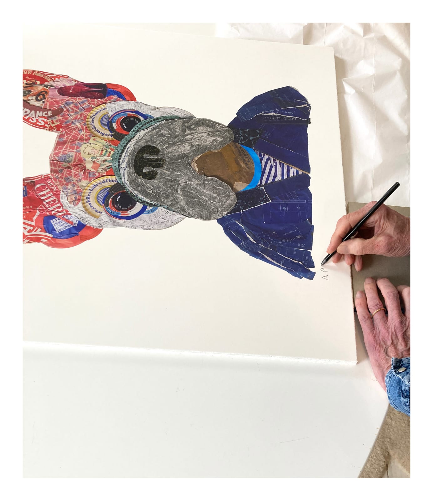 Mon Cheri grey French bulldog in striped top and navy blue jacket collaged print by peter clark at turner art perspective and tap galleries