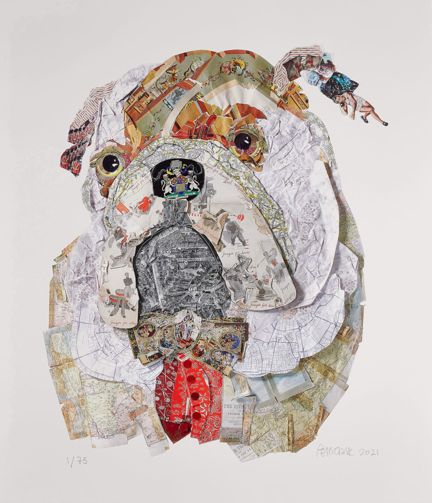 collaged print of brown white English bull dog in red tux at turner art perspective and tap galleries by peter clark