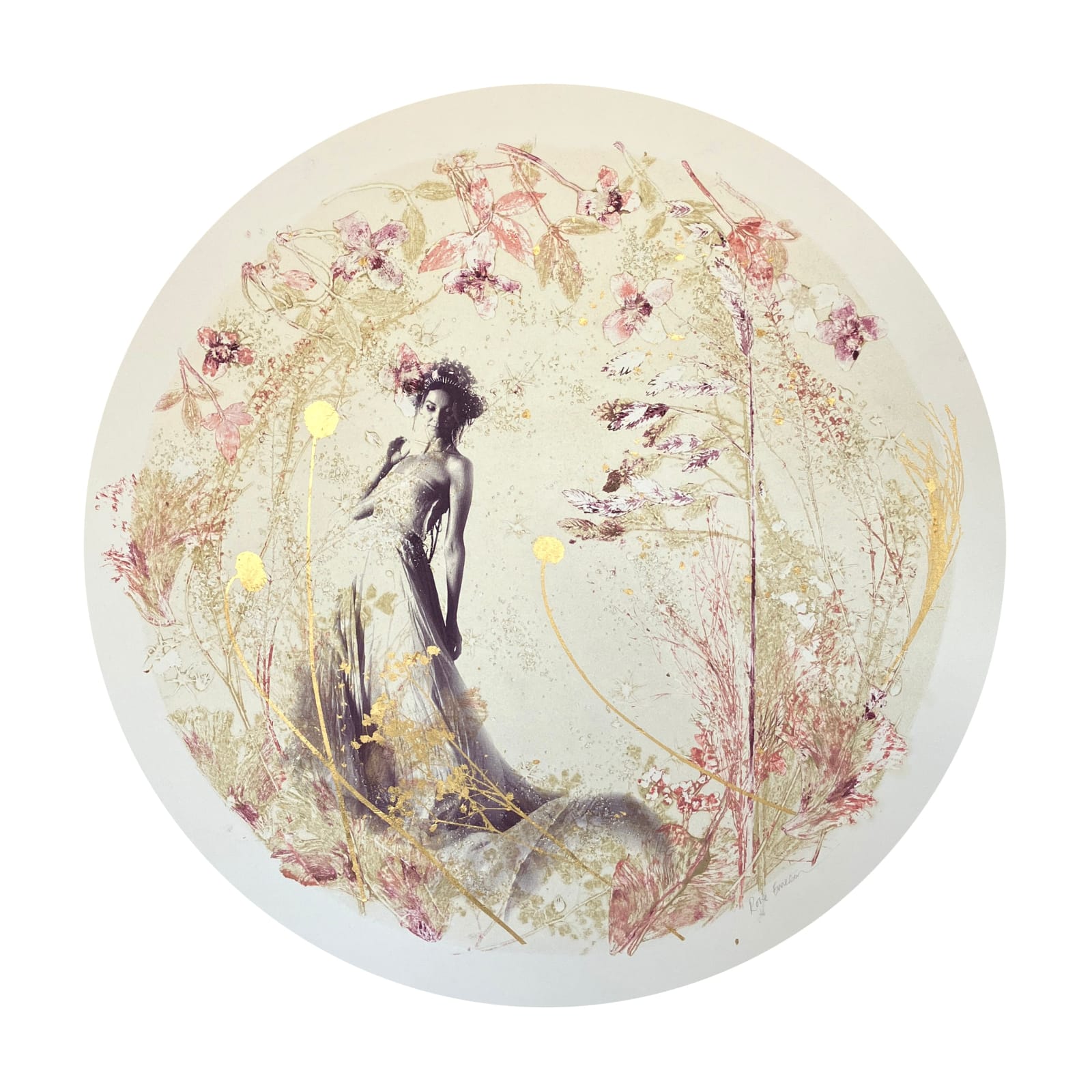 rosie emerson adalia monoprint screenprint 22 carat gold leaf paper photography cyanotype woman fantasy nature wilderness tree flower pink gold black brown beige cream purple figure meadow circle frame framed original turner art perspective essex art gallery