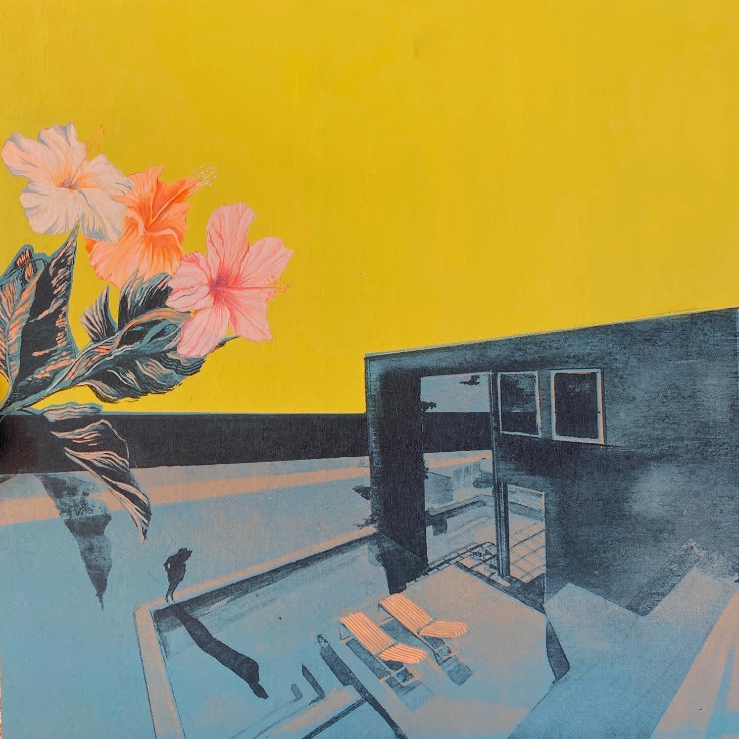 Anna Marrow, Artist, Poll House with Hibiscus, Mixed Media Painting on Birch Ply, Yellow, Blue, Turner Art Perspective