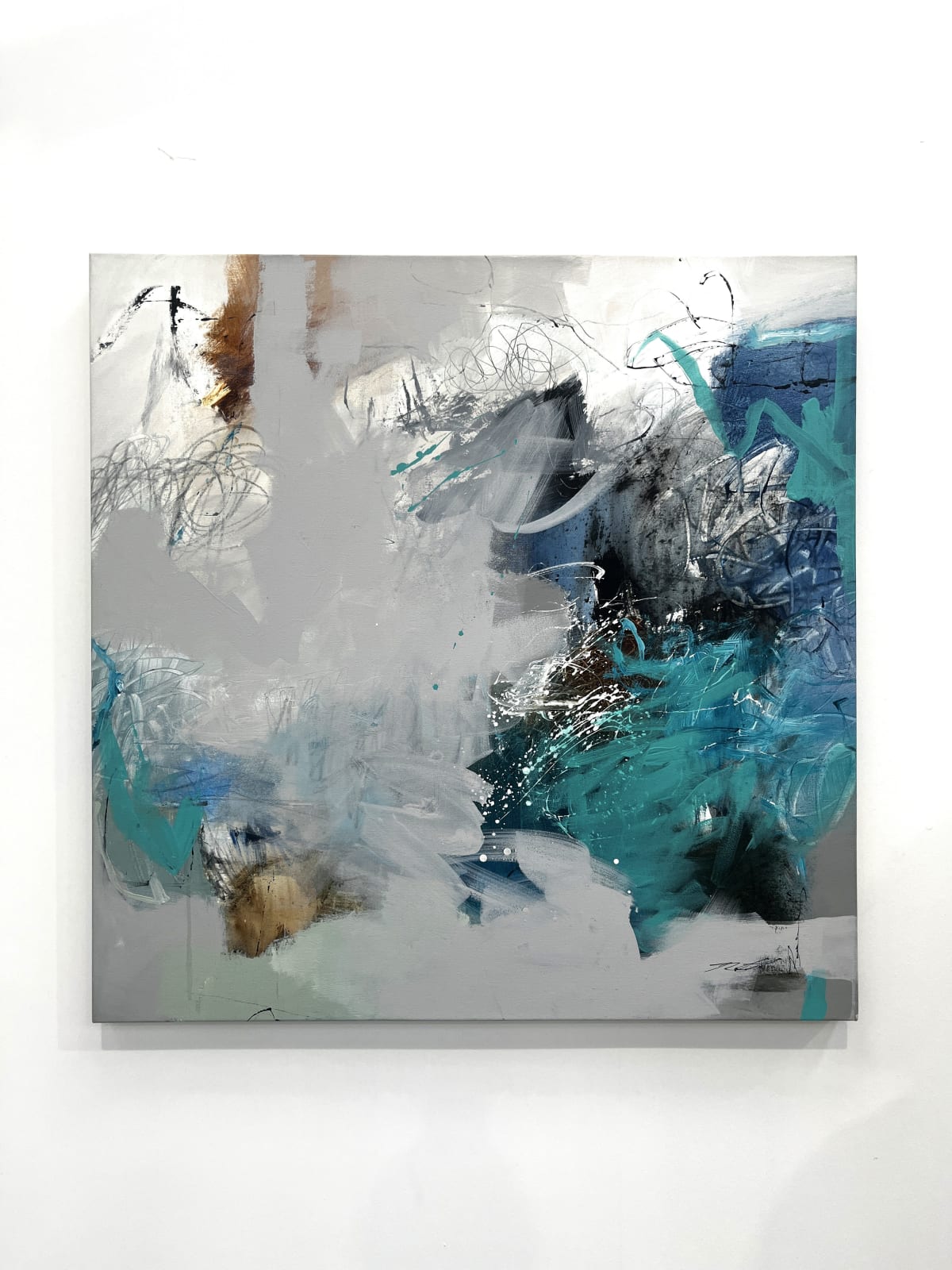 Textured abstract canvas by Natasha Barnes exploring movement and hidden underwater worlds.
