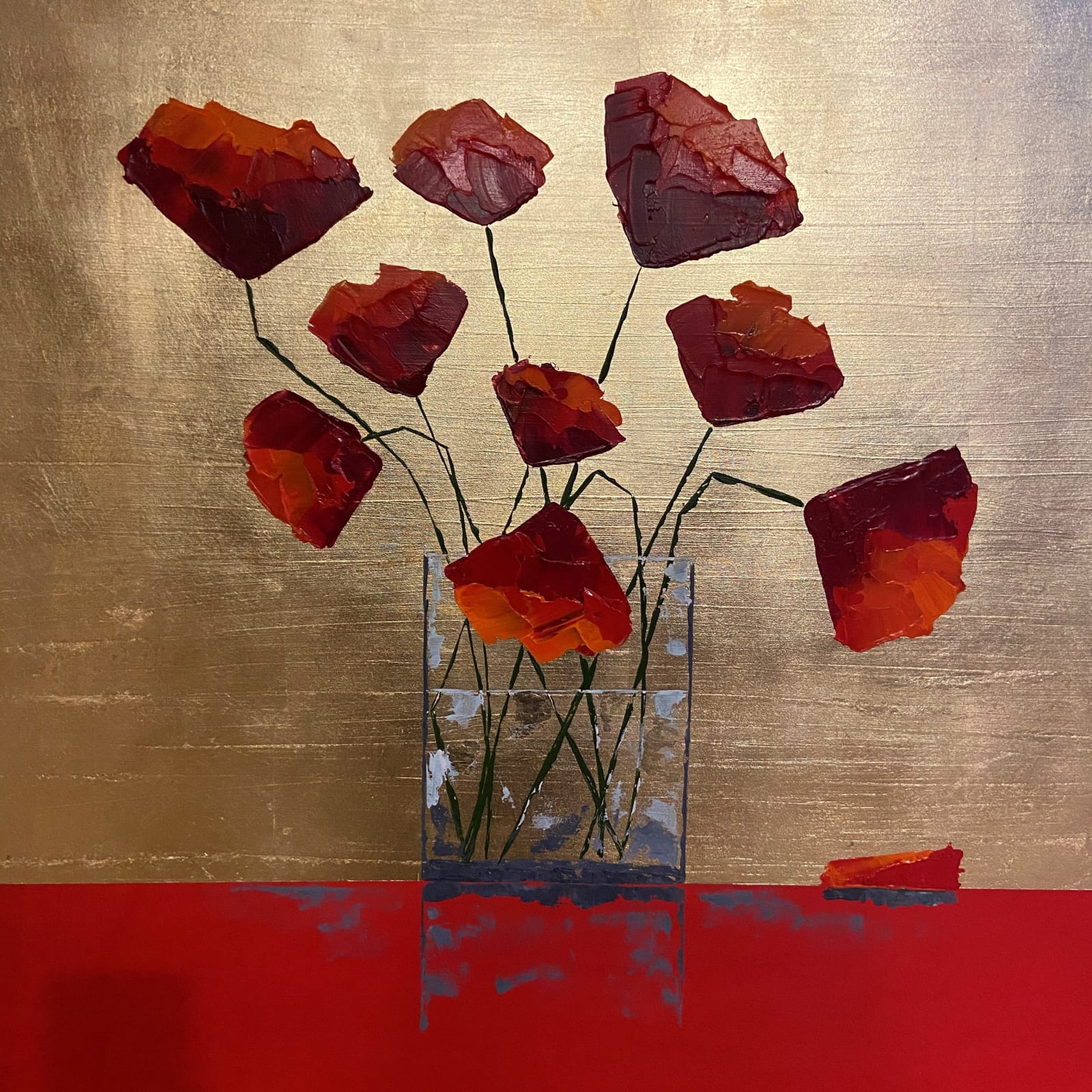 Nancy Chamber, Artist, These Golden Days, Red, Poppies, Gold Leaf, Turner Art Perspective, Essex Chelmsford Art Gallery