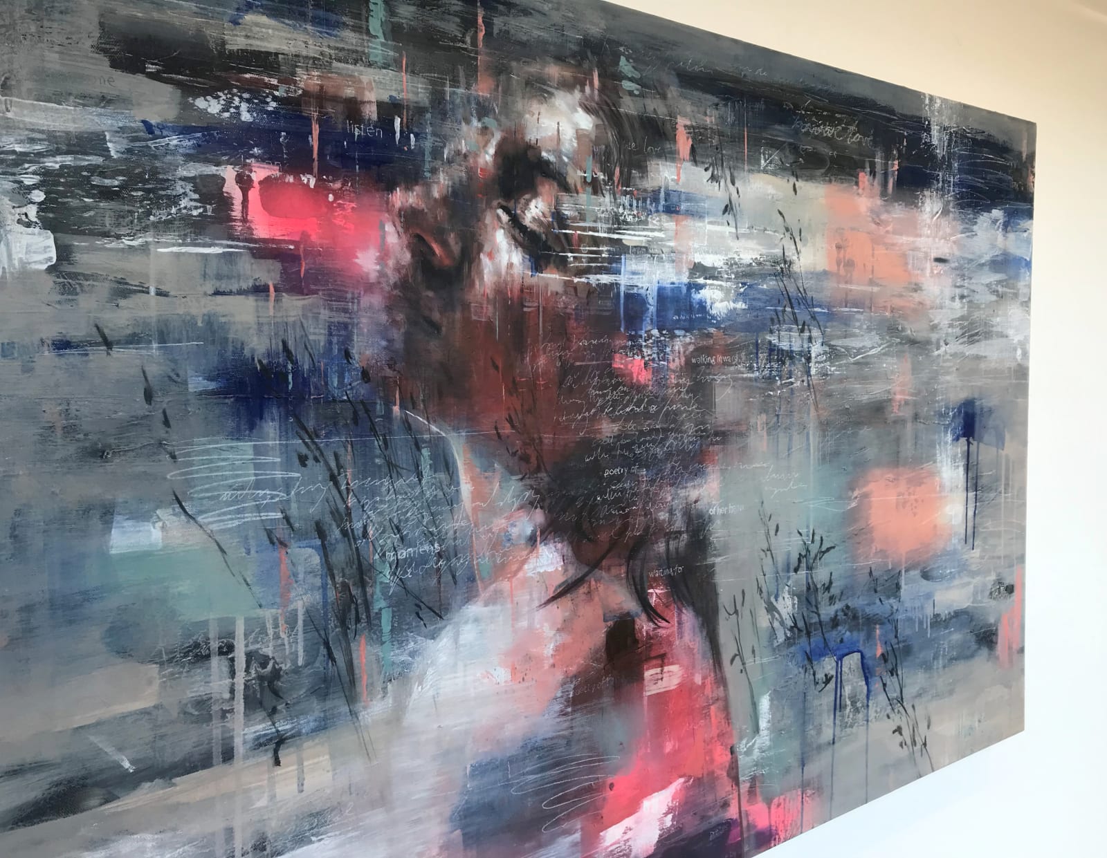 Painting of girl's head on canvas blue pink white colours
