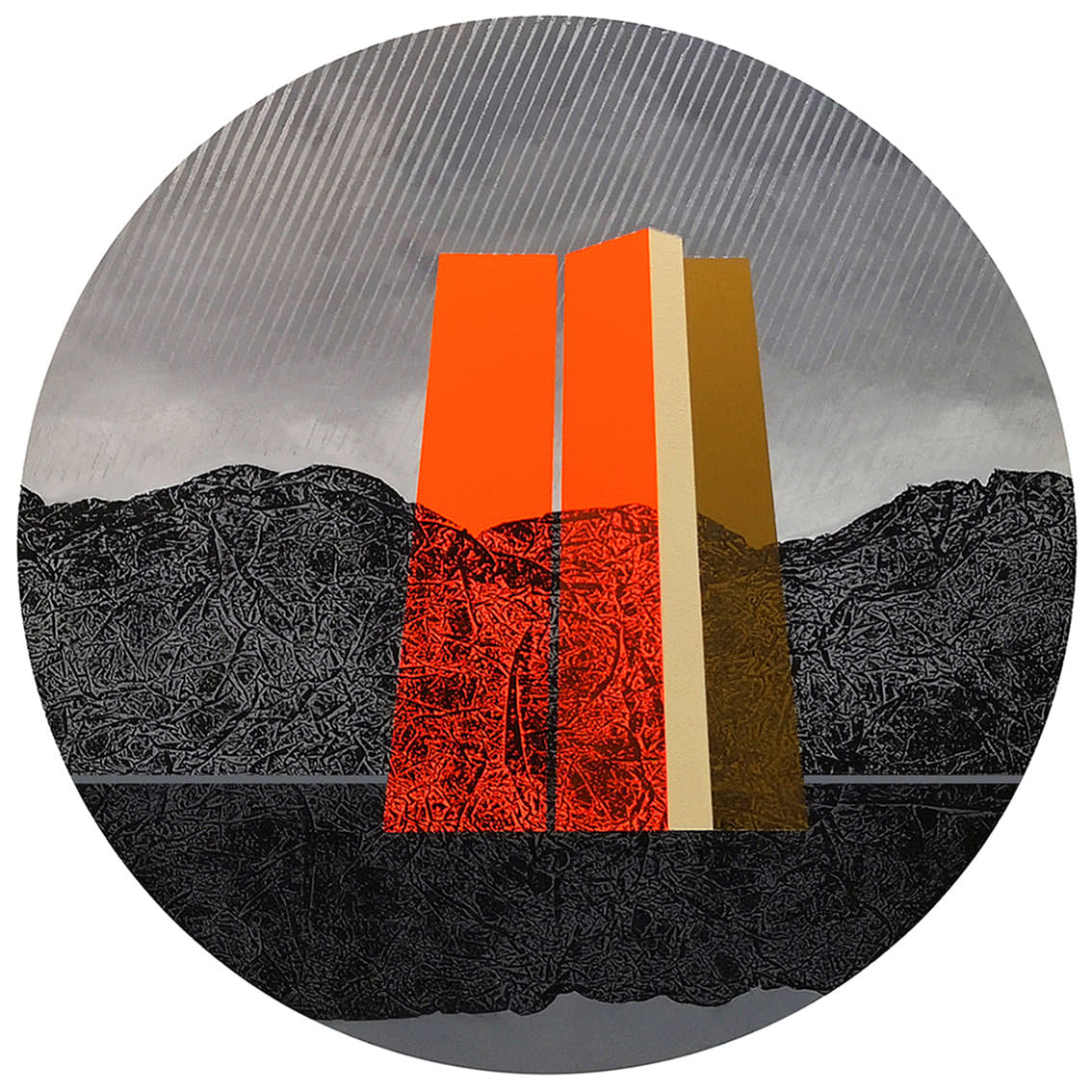Orange, gold, & black abstract, geometric, landscape imagery painted on board