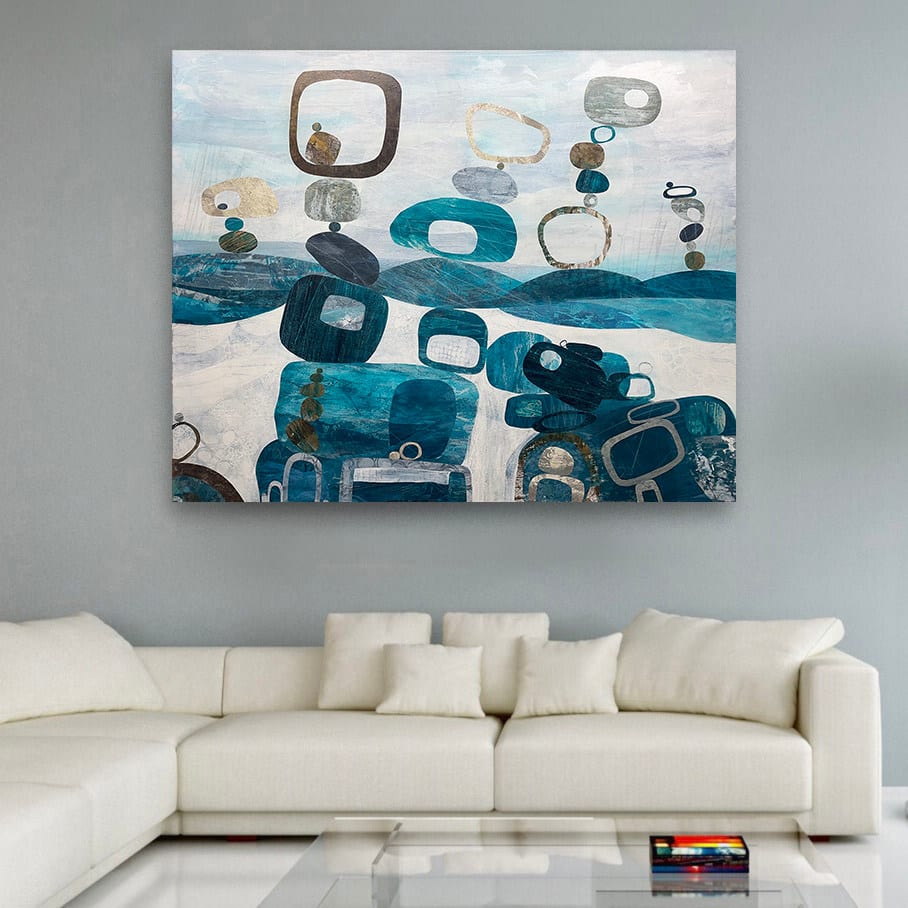 Jane Wilson, Finding a Balance, Pebbles on Beach, Blue and Brown Painting, Abstract, Seascape