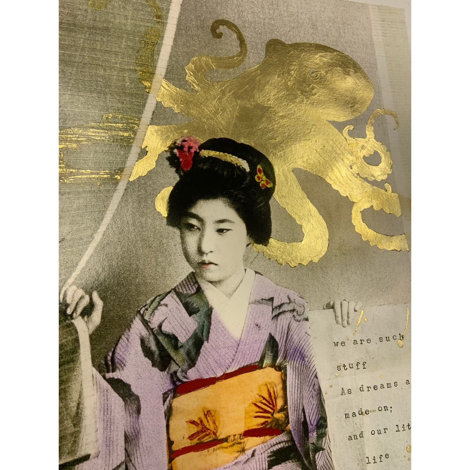 Hand finished gold leaf Geisha girl holding letter