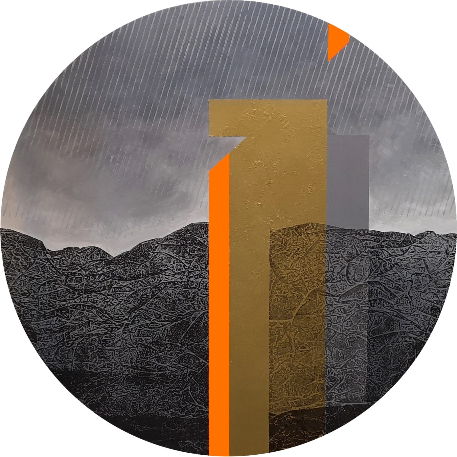 Orange, gold & black abstract, geometric, landscape imagery painted on board