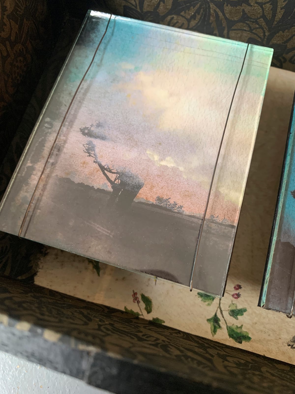 Vintage wooden story box with three images of photographed trees
