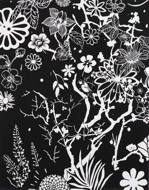 Unique Silkscreen print with hand finished background by Dan Baldwin titled Imaginary Landscape, featuring a black background and white symbols creating an imaginary landscape with branches and a variety of flora in a contemporary style. Turner Art Perspective, Essex Art Gallery