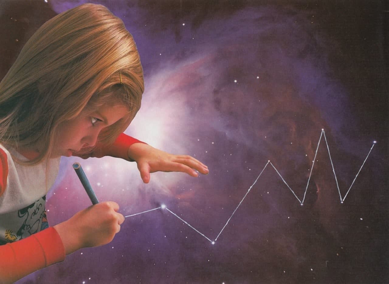 Joe Webb original collage girl joining dots in space