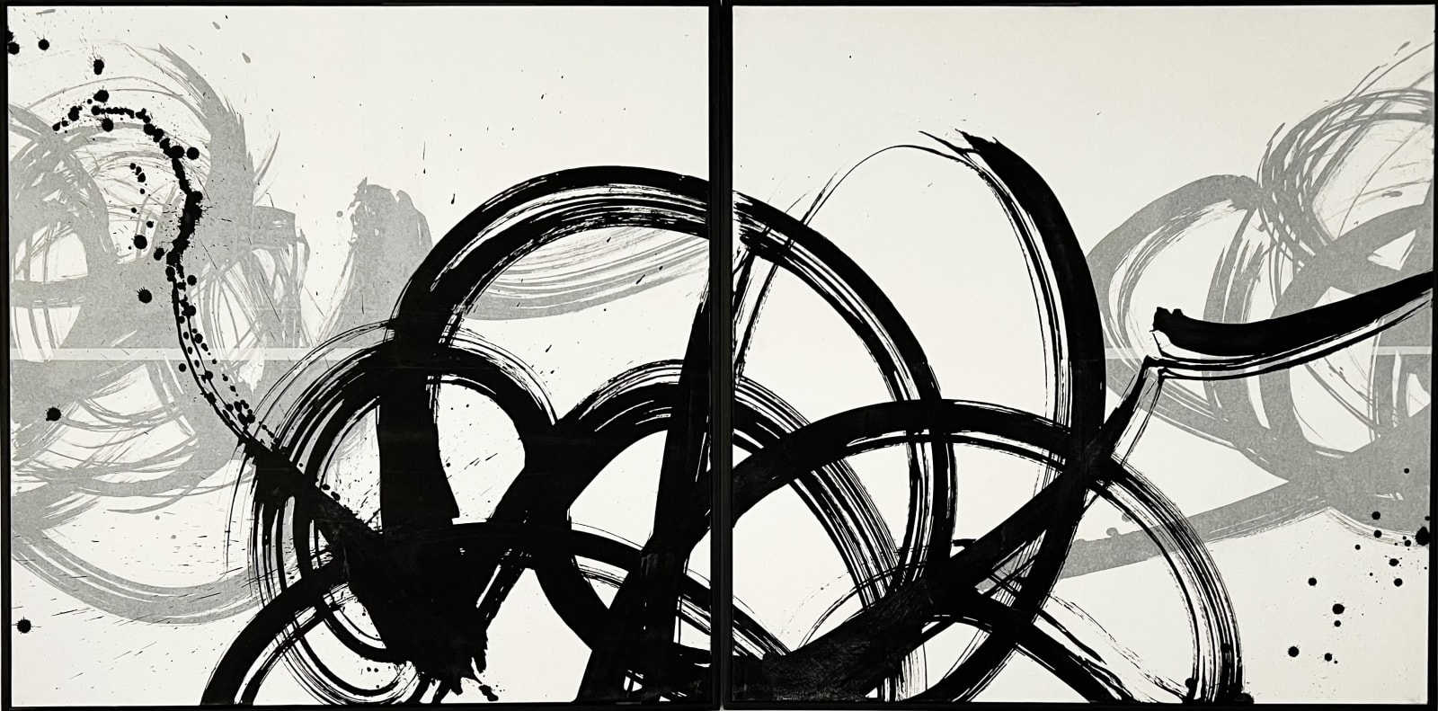 Indian Ink on paper by Abstract artist Rod McIntosh titled Knock Back Bounce Back, depicting gestural brush strokes in black ink on a diptych. Turner Art Perspective Essex Gallery