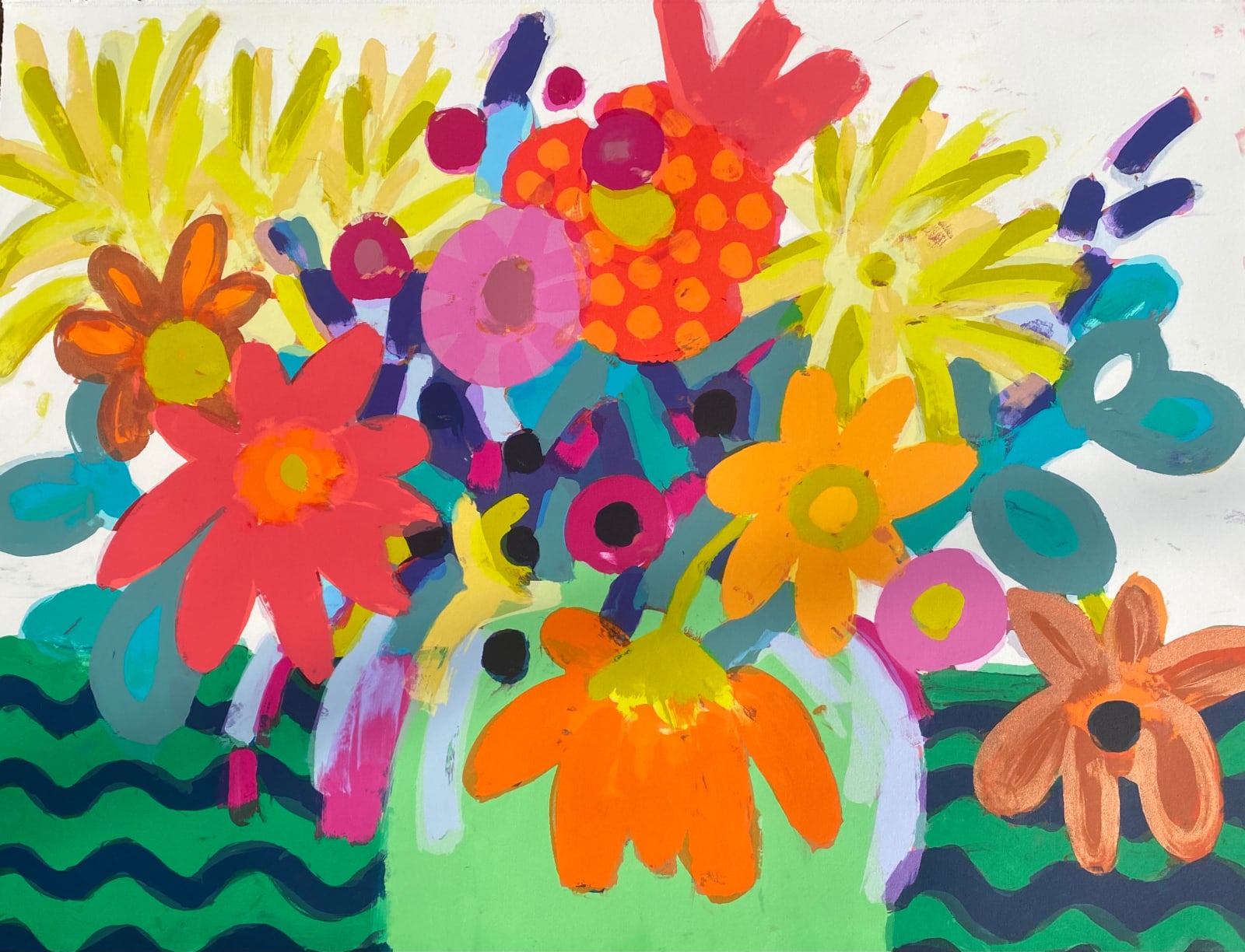 green and blue waves in background green vase with red orange and blue flowers