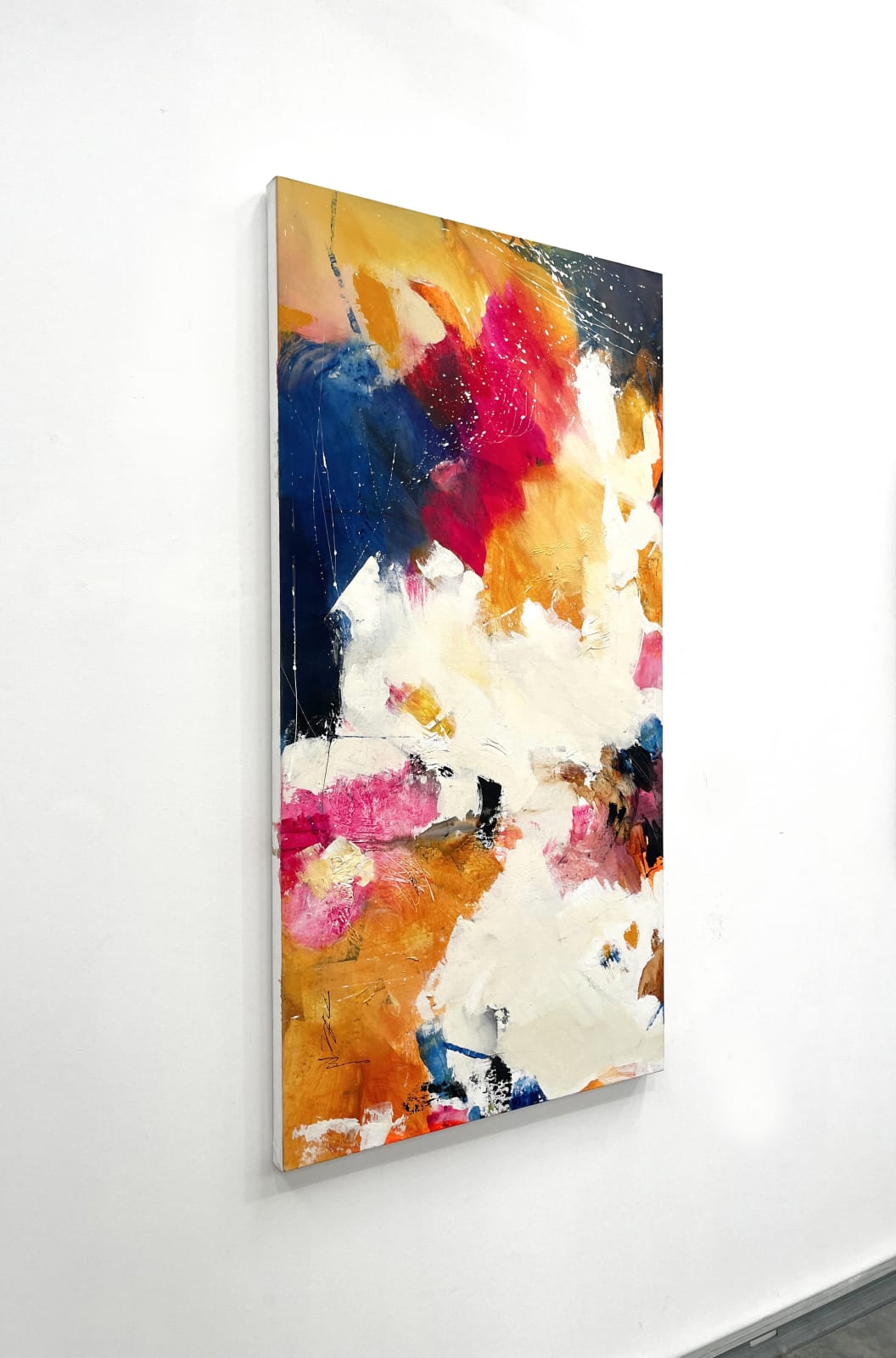 Original painting on canvas by South African artist Natasha Barnes, titled Vibrant depicting an abstract arry of different colours in warm hues. Turner Art Perspective. Essex Gallery