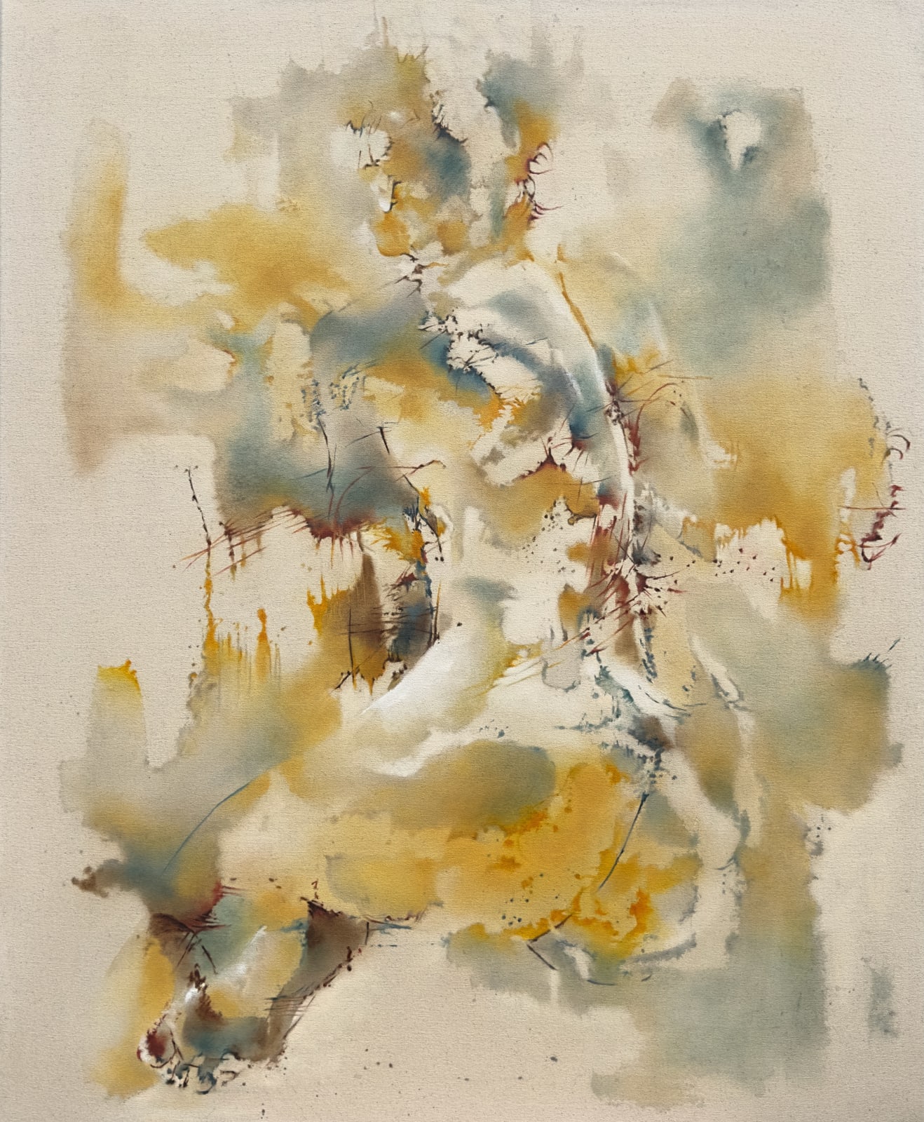 oil and ink on raw canvas by michelle watson depicting an abstract sitting female figure. Turner Art perspective essex gallery