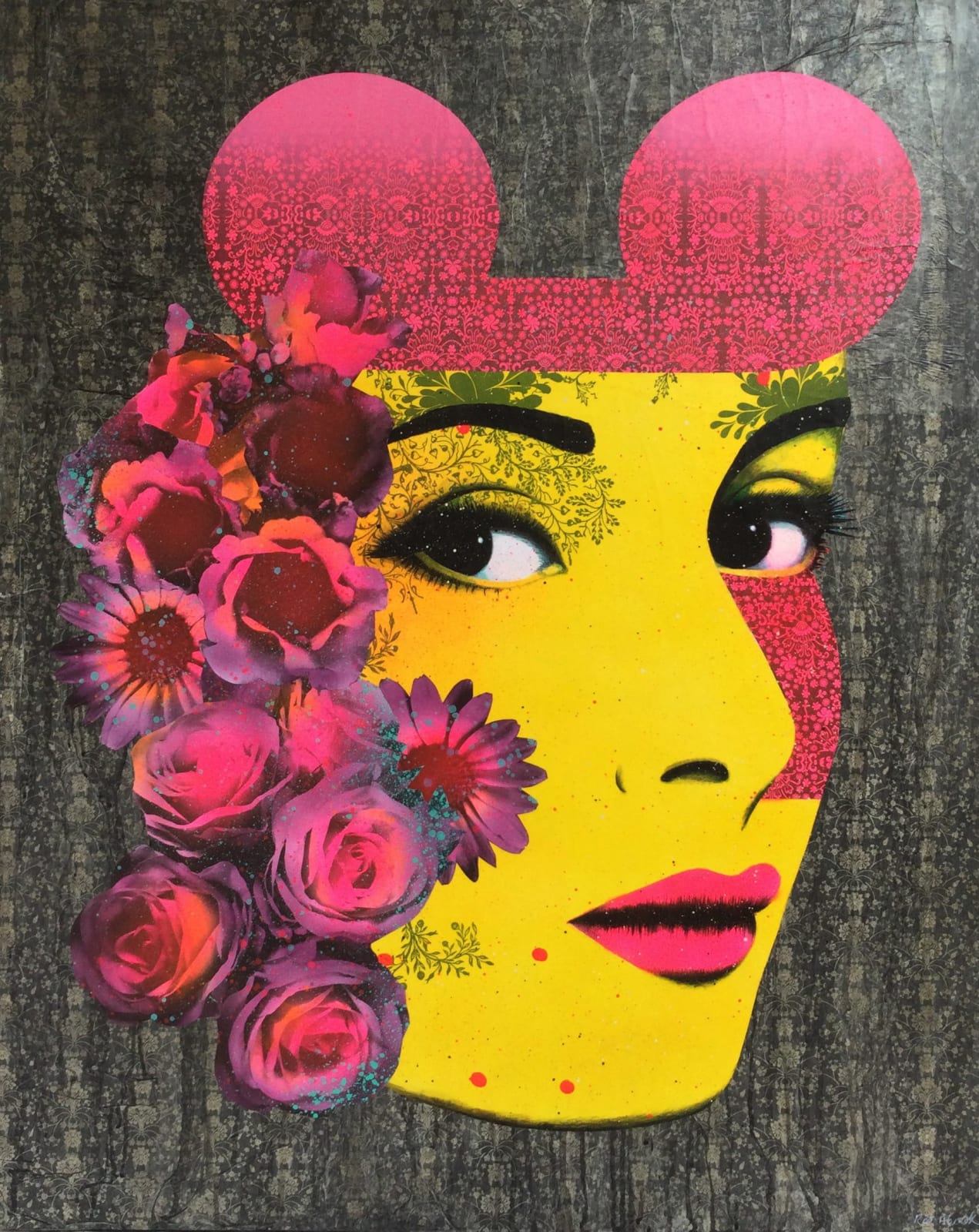 Collage on canvas with acrylic, digital prints and spray paint by Roo Abrook titled Can a Mouse love a Cat (2021), depicting a female profile, eyes looking out the viewer, surrounded by a collage of pink roses and adorned by mouse ear shapes which gives the portrait a surrealist quality. Turner Art Perspective, Essex Gallery.